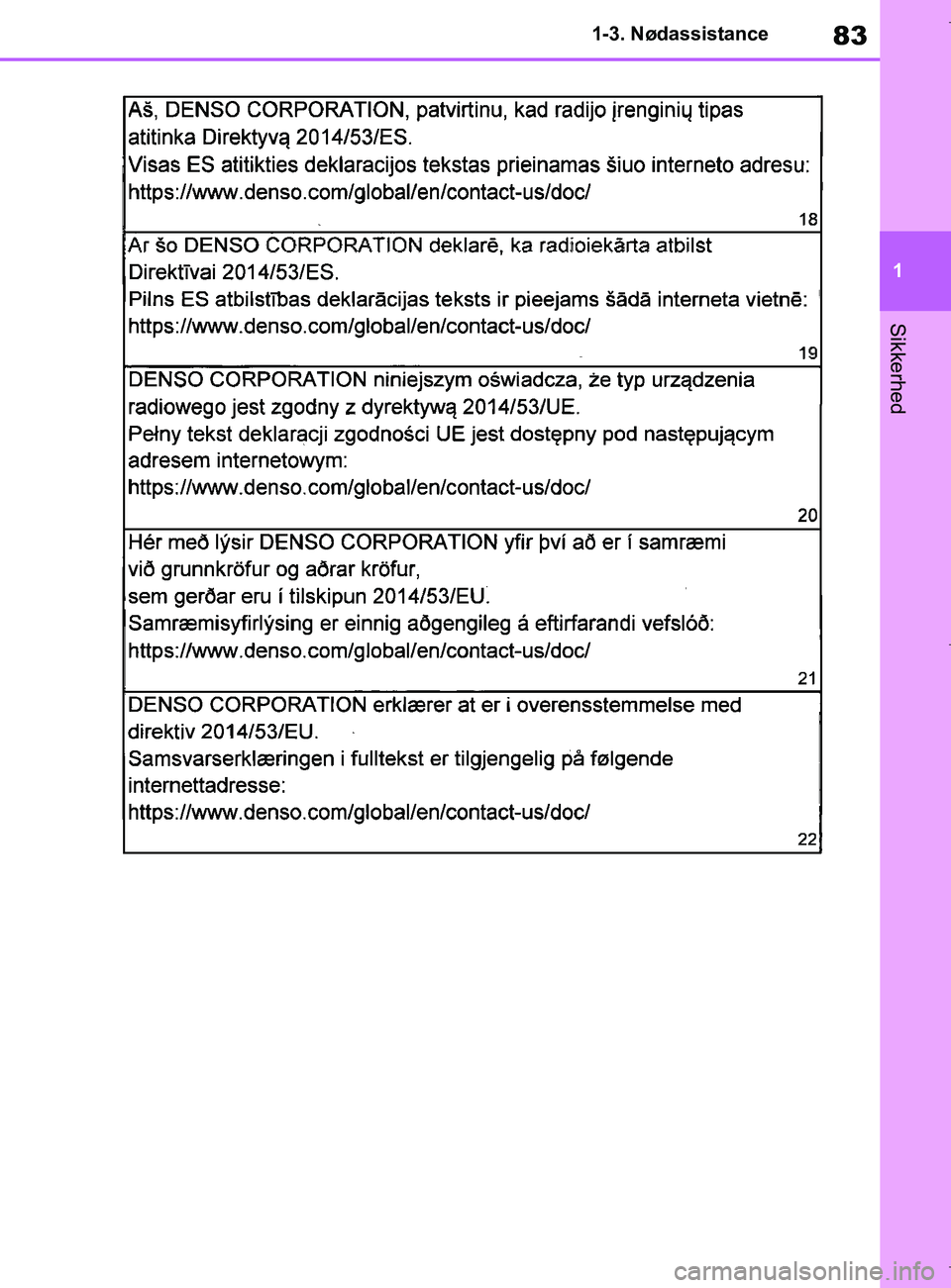 TOYOTA COROLLA HATCHBACK 2019  Brugsanvisning (in Danish) 83
1
COROLLA_TMUK_EE 1-3. Nødassistance
Sikkerhed
OM12L25DK.book  Page 83  Wednesday, April 10, 2019  9:44 AM 