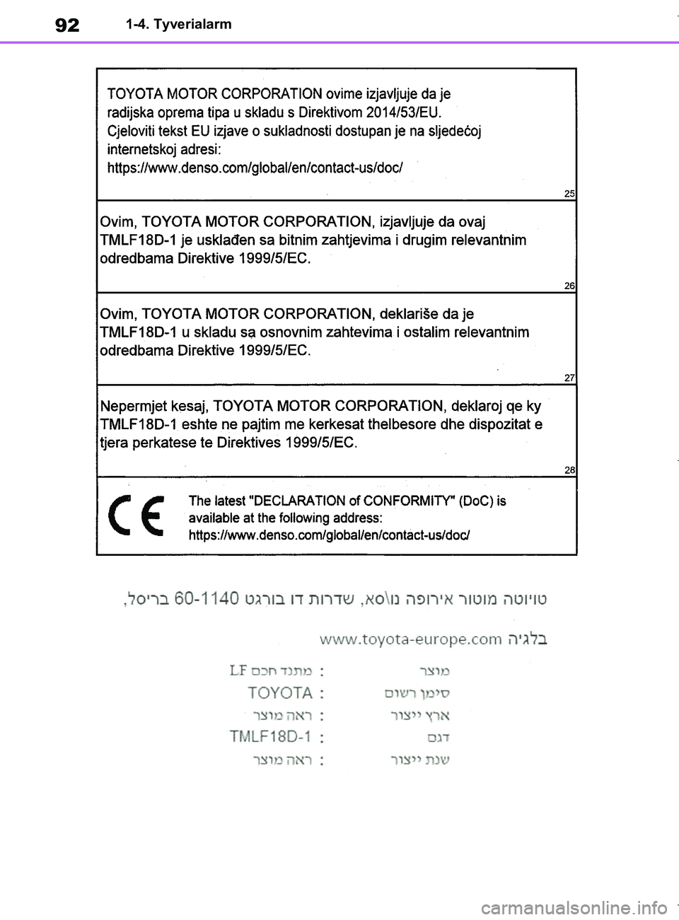 TOYOTA COROLLA HATCHBACK 2019 Brugsanvisning (in Danish) 92
COROLLA_TMUK_EE1-4. Tyverialarm
OM12L25DK.book Page 92 Wednesday, April 10, 2019 9:44 AM TOYOTA COROLLA HATCHBACK 2019 Brugsanvisning (in Danish) 92
COROLLA_TMUK_EE1-4. Tyverialarm
OM12L25DK.book Page 92 Wednesday, April 10, 2019 9:44 AM