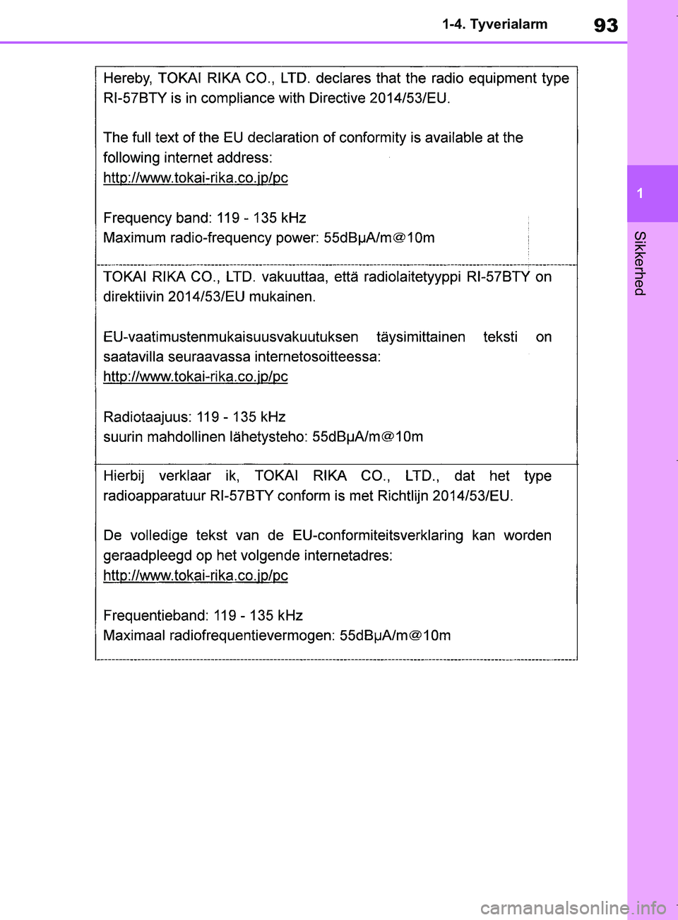 TOYOTA COROLLA HATCHBACK 2019 Brugsanvisning (in Danish) 93
1
COROLLA_TMUK_EE 1-4. Tyverialarm
Sikkerhed
OM12L25DK.book Page 93 Wednesday, April 10, 2019 9:44 AM TOYOTA COROLLA HATCHBACK 2019 Brugsanvisning (in Danish) 93
1
COROLLA_TMUK_EE 1-4. Tyverialarm
Sikkerhed
OM12L25DK.book Page 93 Wednesday, April 10, 2019 9:44 AM