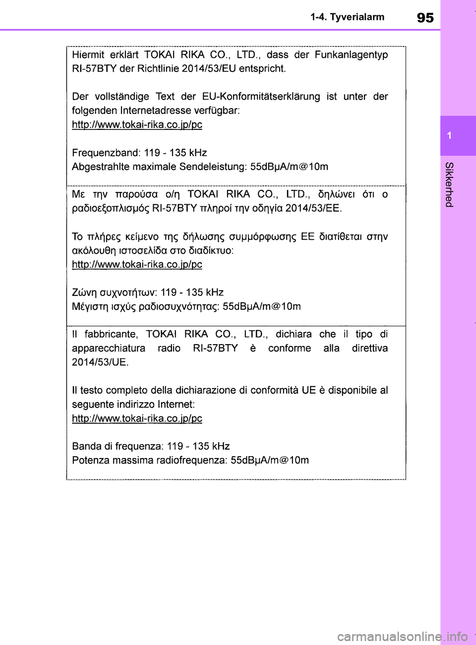 TOYOTA COROLLA HATCHBACK 2019 Brugsanvisning (in Danish) 95
1
COROLLA_TMUK_EE 1-4. Tyverialarm
Sikkerhed
OM12L25DK.book Page 95 Wednesday, April 10, 2019 9:44 AM TOYOTA COROLLA HATCHBACK 2019 Brugsanvisning (in Danish) 95
1
COROLLA_TMUK_EE 1-4. Tyverialarm
Sikkerhed
OM12L25DK.book Page 95 Wednesday, April 10, 2019 9:44 AM