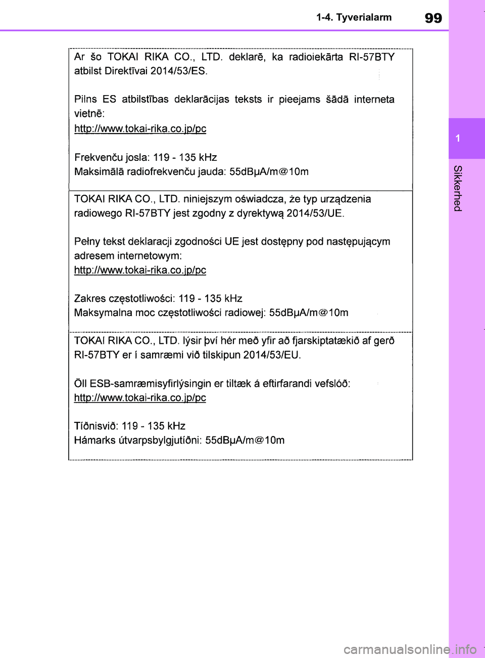 TOYOTA COROLLA HATCHBACK 2019 Brugsanvisning (in Danish) 99
1
COROLLA_TMUK_EE 1-4. Tyverialarm
Sikkerhed
OM12L25DK.book Page 99 Wednesday, April 10, 2019 9:44 AM TOYOTA COROLLA HATCHBACK 2019 Brugsanvisning (in Danish) 99
1
COROLLA_TMUK_EE 1-4. Tyverialarm
Sikkerhed
OM12L25DK.book Page 99 Wednesday, April 10, 2019 9:44 AM