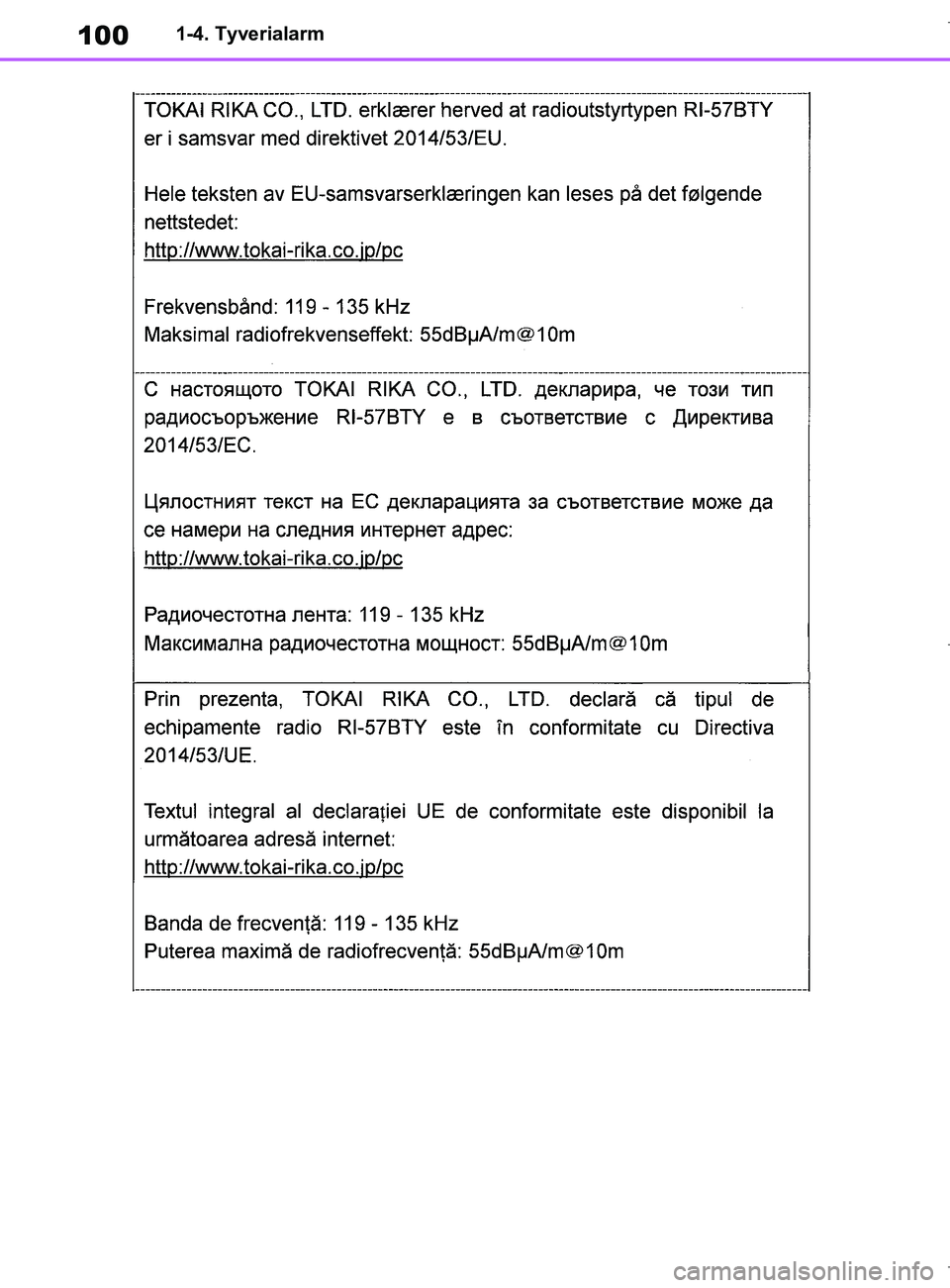 TOYOTA COROLLA HATCHBACK 2019 Brugsanvisning (in Danish) 100
COROLLA_TMUK_EE1-4. Tyverialarm
OM12L25DK.book Page 100 Wednesday, April 10, 2019 9:44 AM TOYOTA COROLLA HATCHBACK 2019 Brugsanvisning (in Danish) 100
COROLLA_TMUK_EE1-4. Tyverialarm
OM12L25DK.book Page 100 Wednesday, April 10, 2019 9:44 AM