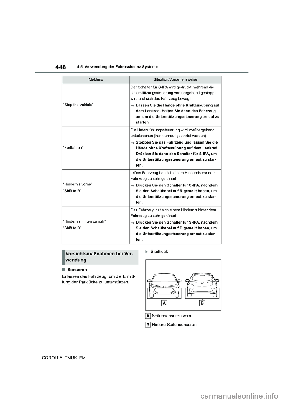TOYOTA COROLLA HATCHBACK 2019  Betriebsanleitungen (in German) 448
COROLLA_TMUK_EM
4-5. Verwendung der Fahrassistenz-Systeme
■Sensoren 
Erfassen das Fahrzeug, um die Ermitt- 
lung der Parklücke zu unterstützen.
Steilheck 
Seitensensoren vorn 
Hintere Seite