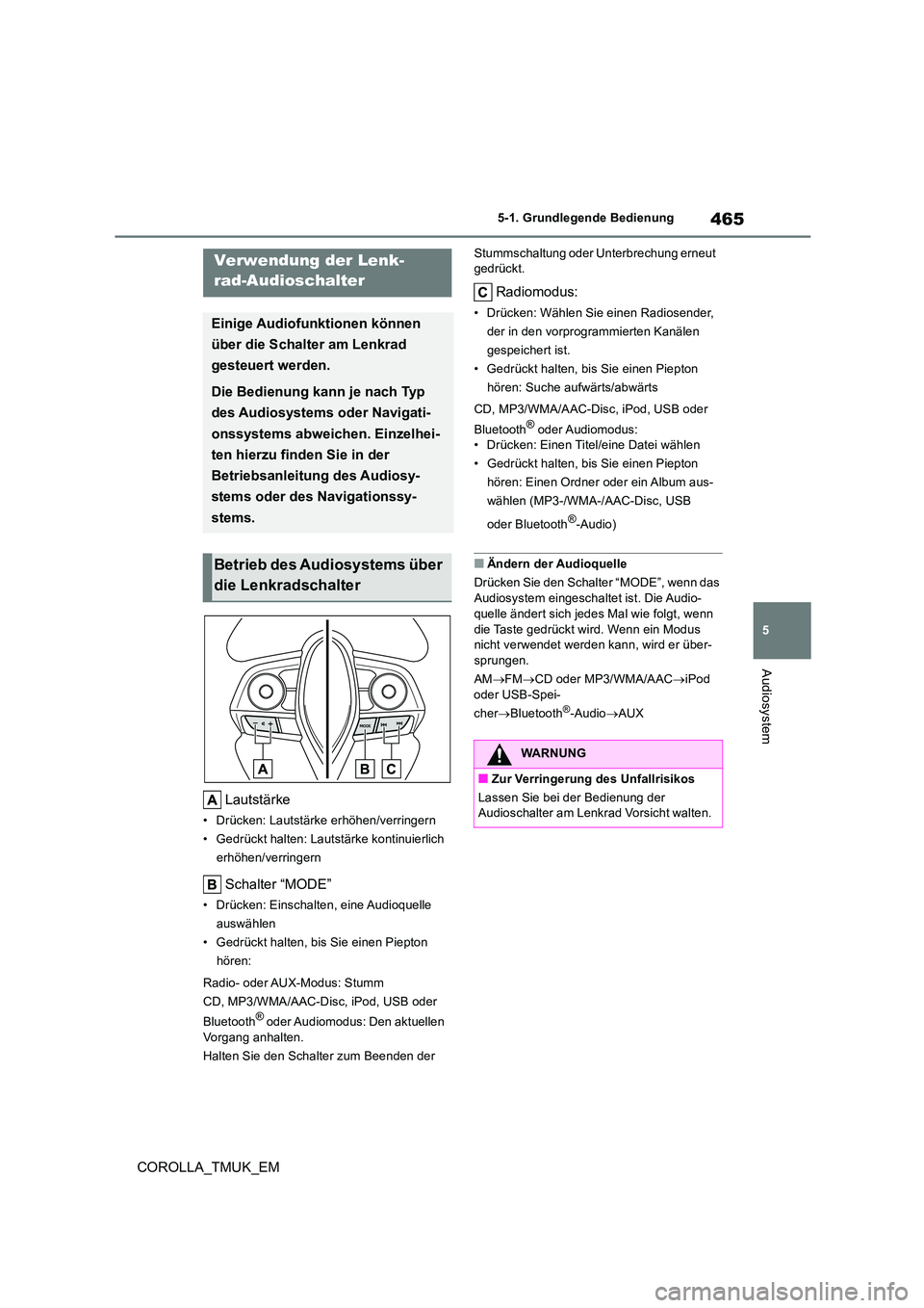 TOYOTA COROLLA HATCHBACK 2019  Betriebsanleitungen (in German) 465
5
COROLLA_TMUK_EM
5-1. Grundlegende Bedienung
Audiosystem
Lautstärke
• Drücken: Lautstärke erhöhen/verringern 
• Gedrückt halten: Lautstärke kontinuierlich  
erhöhen/verringern
Schalter