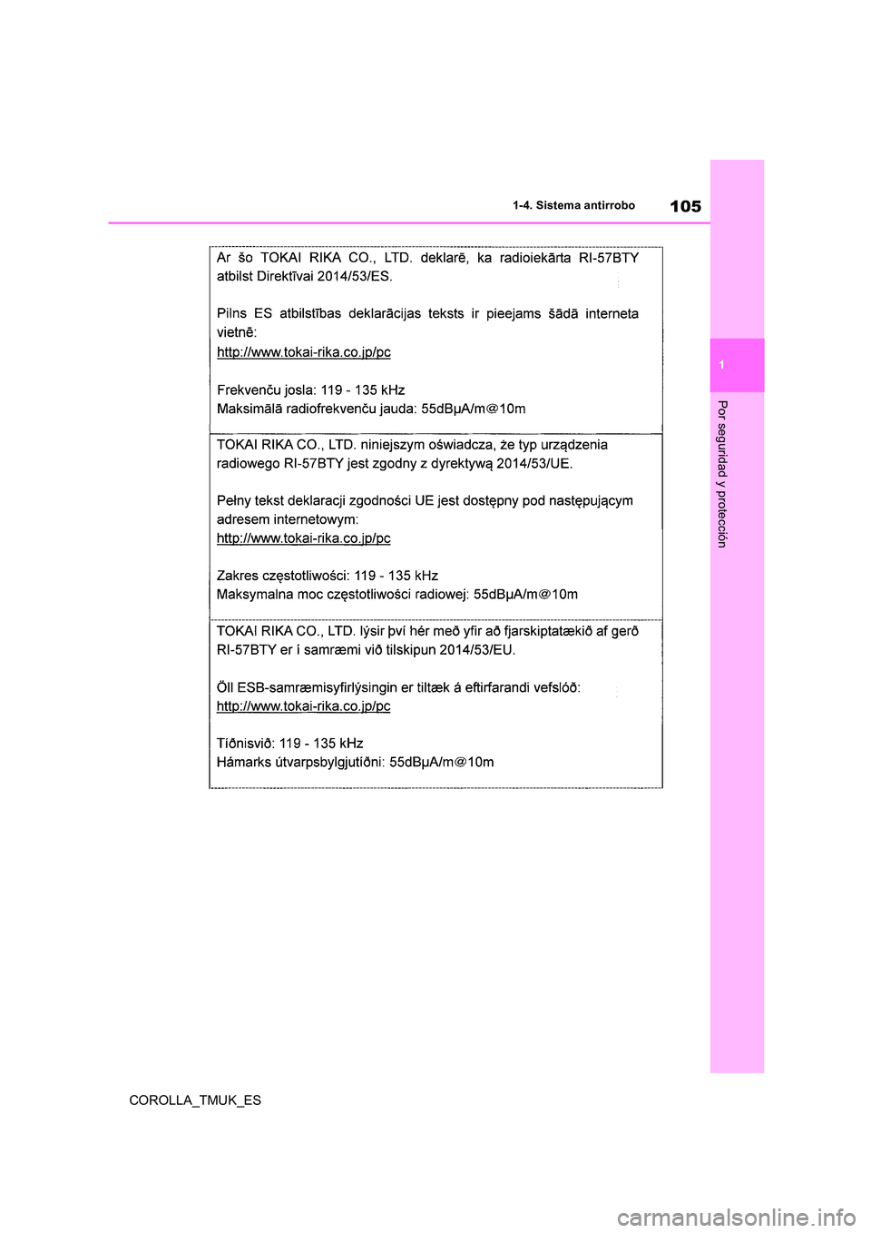 TOYOTA COROLLA HATCHBACK 2019 Manual del propietario (in Spanish) 105
1
COROLLA_TMUK_ES
1-4. Sistema antirrobo
Por seguridad y protección TOYOTA COROLLA HATCHBACK 2019 Manual del propietario (in Spanish) 105
1
COROLLA_TMUK_ES
1-4. Sistema antirrobo
Por seguridad y protección
