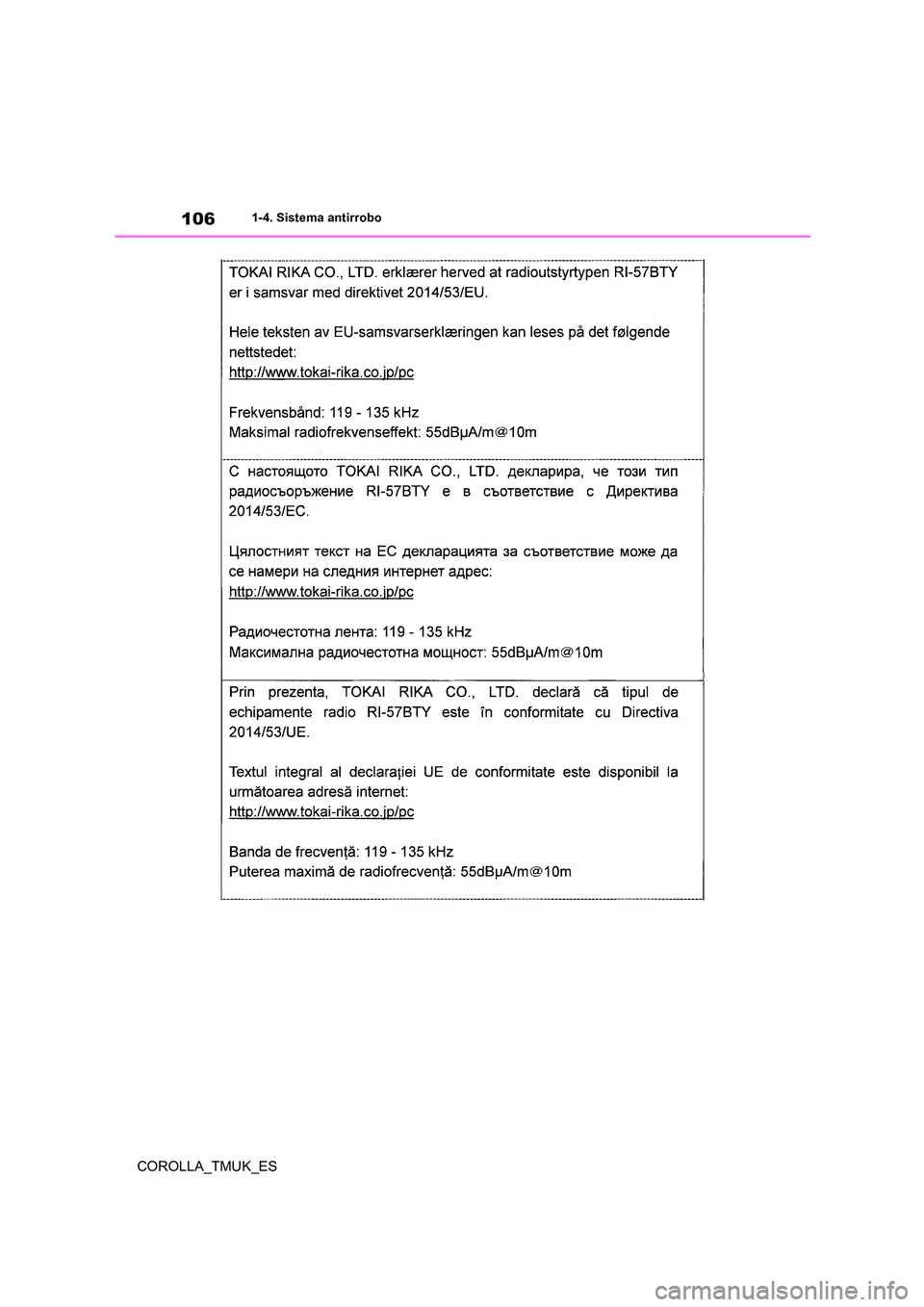 TOYOTA COROLLA HATCHBACK 2019 Manual del propietario (in Spanish) 106
COROLLA_TMUK_ES
1-4. Sistema antirrobo TOYOTA COROLLA HATCHBACK 2019 Manual del propietario (in Spanish) 106
COROLLA_TMUK_ES
1-4. Sistema antirrobo