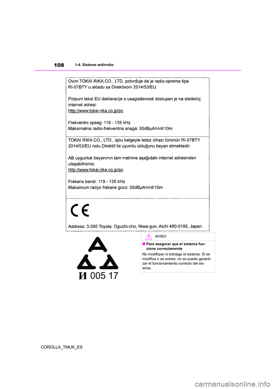 TOYOTA COROLLA HATCHBACK 2019 Manual del propietario (in Spanish) 108
COROLLA_TMUK_ES
1-4. Sistema antirrobo
AV I S O
■Para asegurar que el sistema fun- cione correctamente
No modifique ni extraiga el sistema. Si se
modifica o se extrae, no se puede garanti- za TOYOTA COROLLA HATCHBACK 2019 Manual del propietario (in Spanish) 108
COROLLA_TMUK_ES
1-4. Sistema antirrobo
AV I S O
■Para asegurar que el sistema fun- cione correctamente
No modifique ni extraiga el sistema. Si se
modifica o se extrae, no se puede garanti- za