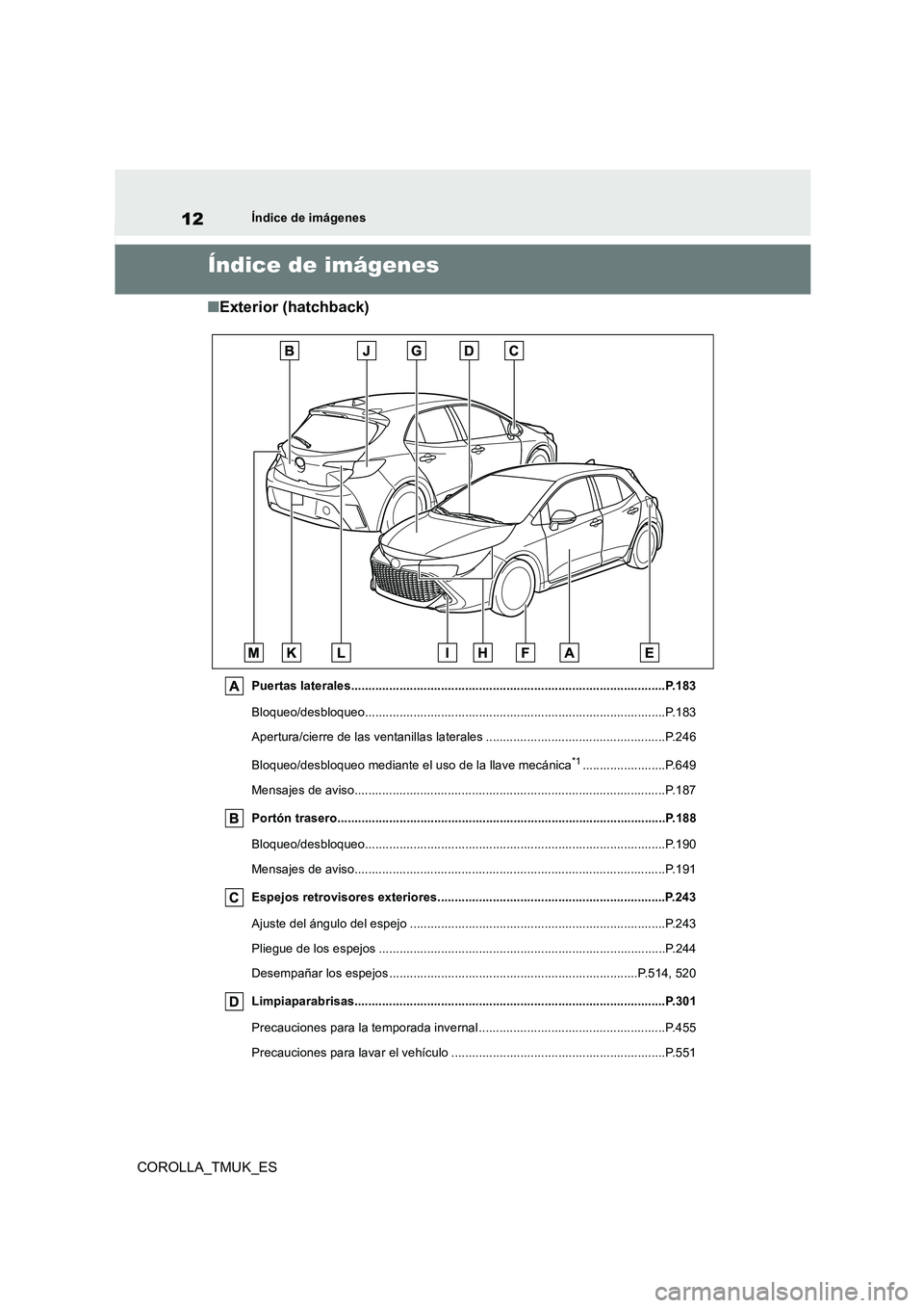TOYOTA COROLLA HATCHBACK 2019 Manual del propietario (in Spanish) 12
COROLLA_TMUK_ES
Índice de imágenes
Índice de imágenes
■Exterior (hatchback)
Puertas laterales...........................................................................................P.183
TOYOTA COROLLA HATCHBACK 2019 Manual del propietario (in Spanish) 12
COROLLA_TMUK_ES
Índice de imágenes
Índice de imágenes
■Exterior (hatchback)
Puertas laterales...........................................................................................P.183