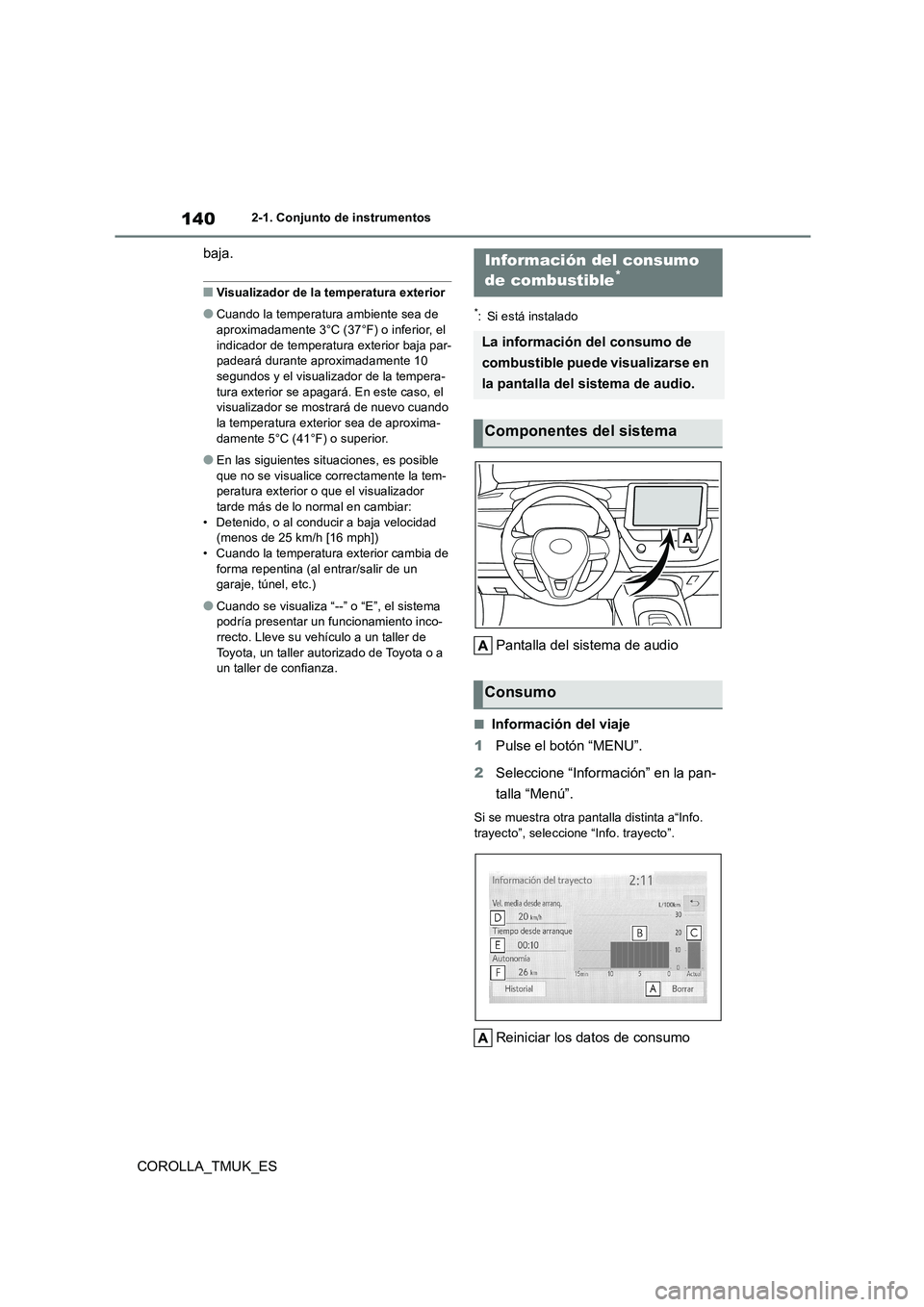 TOYOTA COROLLA HATCHBACK 2019 Manual del propietario (in Spanish) 140
COROLLA_TMUK_ES
2-1. Conjunto de instrumentos
baja.
■Visualizador de la temperatura exterior
●Cuando la temperatura ambiente sea de aproximadamente 3°C (37°F) o inferior, el
indicador de TOYOTA COROLLA HATCHBACK 2019 Manual del propietario (in Spanish) 140
COROLLA_TMUK_ES
2-1. Conjunto de instrumentos
baja.
■Visualizador de la temperatura exterior
●Cuando la temperatura ambiente sea de aproximadamente 3°C (37°F) o inferior, el
indicador de