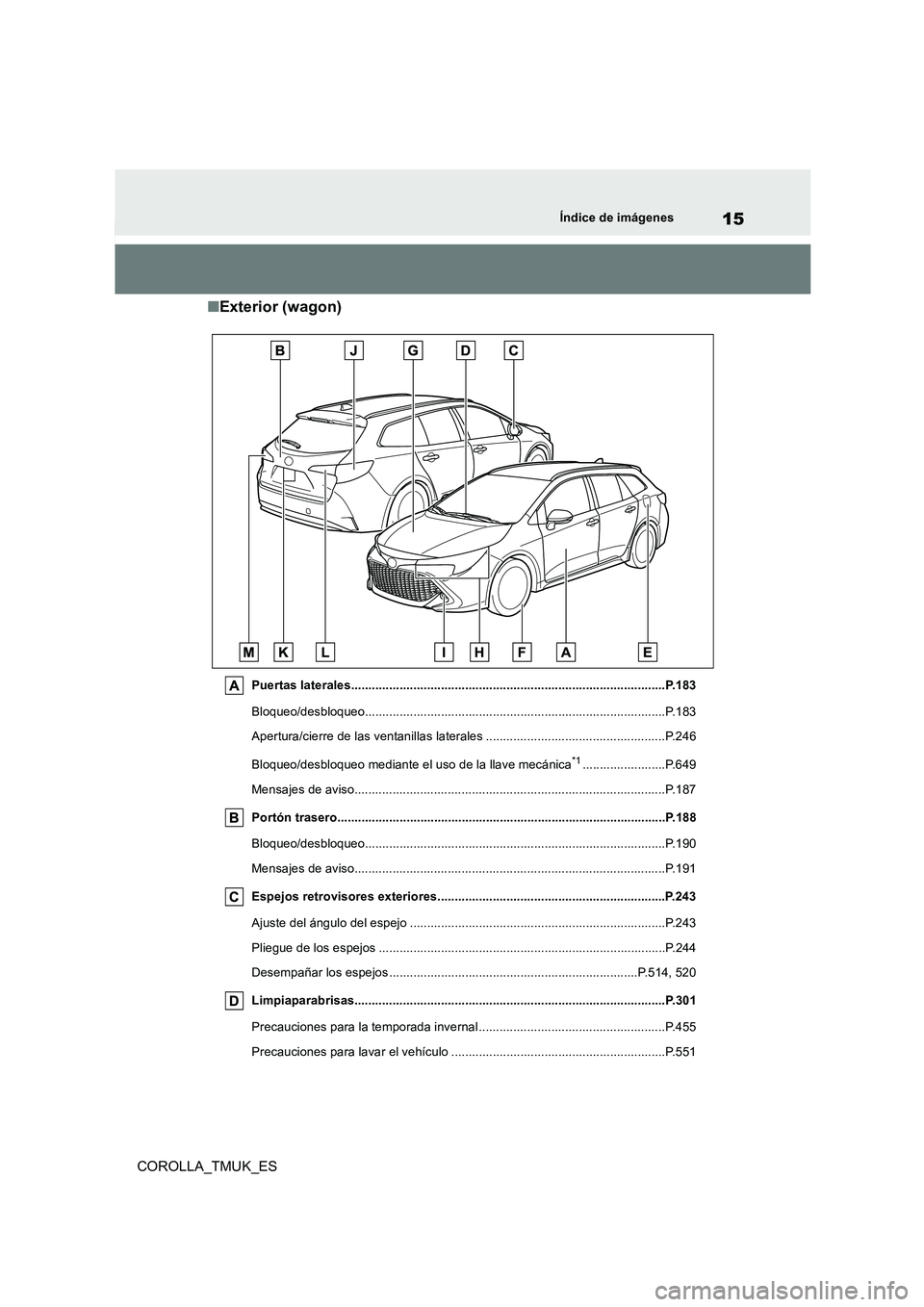 TOYOTA COROLLA HATCHBACK 2019 Manual del propietario (in Spanish) 15
COROLLA_TMUK_ES
Índice de imágenes
■Exterior (wagon)
Puertas laterales...........................................................................................P.183
Bloqueo/desbloqueo....... TOYOTA COROLLA HATCHBACK 2019 Manual del propietario (in Spanish) 15
COROLLA_TMUK_ES
Índice de imágenes
■Exterior (wagon)
Puertas laterales...........................................................................................P.183
Bloqueo/desbloqueo.......