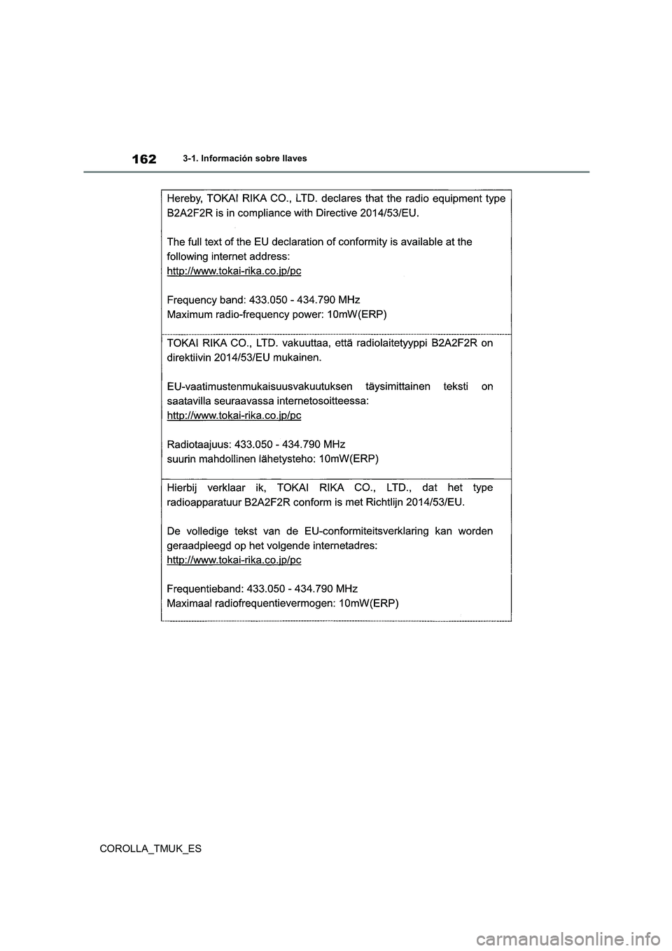 TOYOTA COROLLA HATCHBACK 2019 Manual del propietario (in Spanish) 162
COROLLA_TMUK_ES
3-1. Información sobre llaves TOYOTA COROLLA HATCHBACK 2019 Manual del propietario (in Spanish) 162
COROLLA_TMUK_ES
3-1. Información sobre llaves