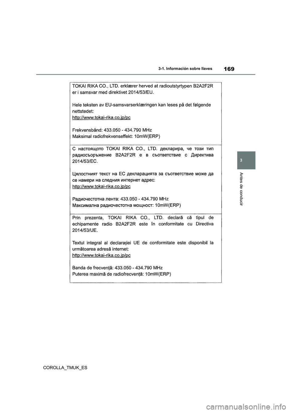 TOYOTA COROLLA HATCHBACK 2019 Manual del propietario (in Spanish) 169
3
COROLLA_TMUK_ES
3-1. Información sobre llaves
Antes de conducir TOYOTA COROLLA HATCHBACK 2019 Manual del propietario (in Spanish) 169
3
COROLLA_TMUK_ES
3-1. Información sobre llaves
Antes de conducir