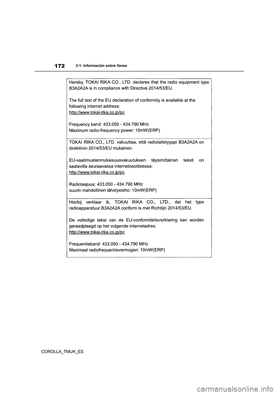 TOYOTA COROLLA HATCHBACK 2019 Manual del propietario (in Spanish) 172
COROLLA_TMUK_ES
3-1. Información sobre llaves TOYOTA COROLLA HATCHBACK 2019 Manual del propietario (in Spanish) 172
COROLLA_TMUK_ES
3-1. Información sobre llaves