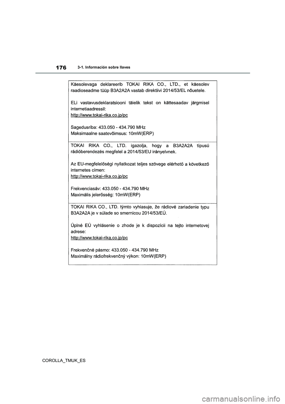 TOYOTA COROLLA HATCHBACK 2019 Manual del propietario (in Spanish) 176
COROLLA_TMUK_ES
3-1. Información sobre llaves TOYOTA COROLLA HATCHBACK 2019 Manual del propietario (in Spanish) 176
COROLLA_TMUK_ES
3-1. Información sobre llaves