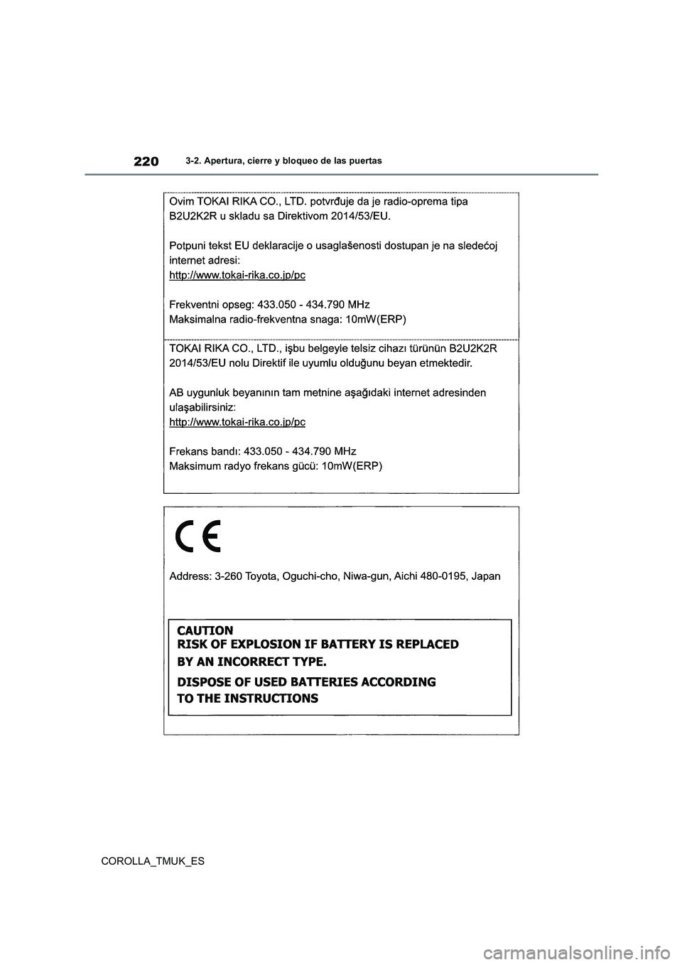 TOYOTA COROLLA HATCHBACK 2019 Manual del propietario (in Spanish) 220
COROLLA_TMUK_ES
3-2. Apertura, cierre y bloqueo de las puertas TOYOTA COROLLA HATCHBACK 2019 Manual del propietario (in Spanish) 220
COROLLA_TMUK_ES
3-2. Apertura, cierre y bloqueo de las puertas