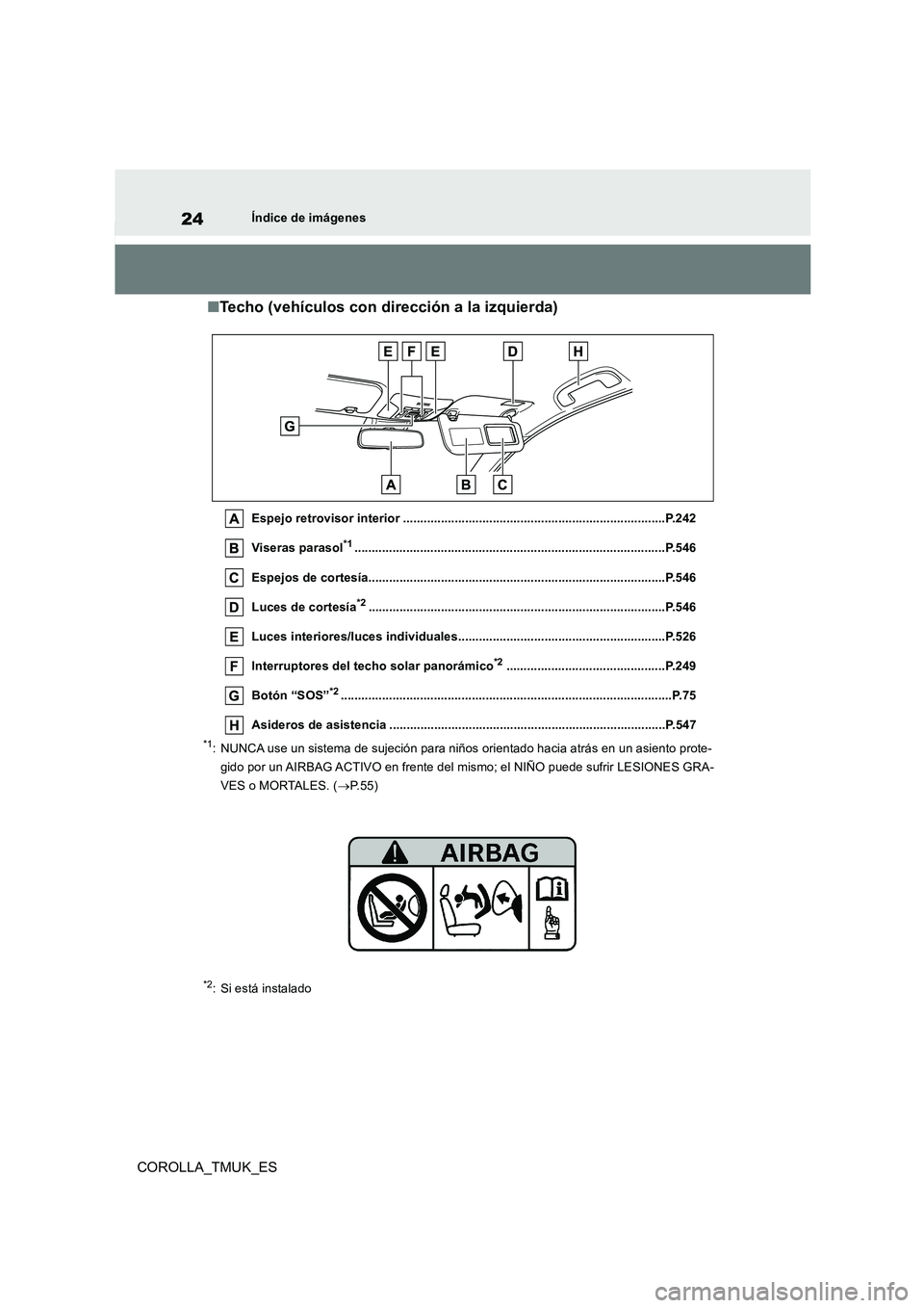 TOYOTA COROLLA HATCHBACK 2019  Manual del propietario (in Spanish) 24
COROLLA_TMUK_ES
Índice de imágenes
■Techo (vehículos con dirección a la izquierda)
Espejo retrovisor interior ............................................................................P.242