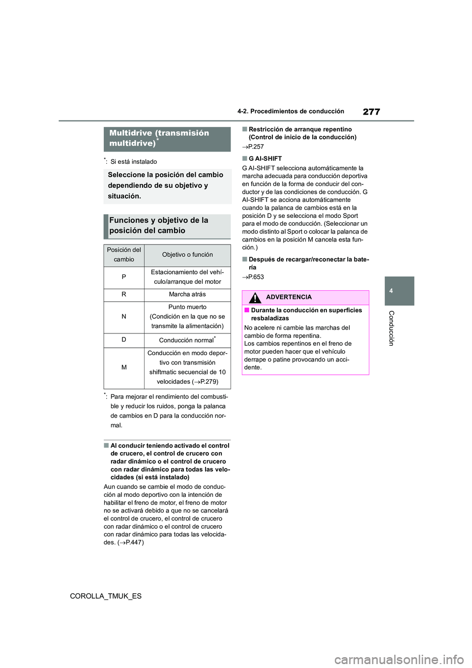 TOYOTA COROLLA HATCHBACK 2019 Manual del propietario (in Spanish) 277
4
COROLLA_TMUK_ES
4-2. Procedimientos de conducción
Conducción
*: Si está instalado
*: Para mejorar el rendimiento del combusti-
ble y reducir los ruidos, ponga la palanca
de cambios en D par TOYOTA COROLLA HATCHBACK 2019 Manual del propietario (in Spanish) 277
4
COROLLA_TMUK_ES
4-2. Procedimientos de conducción
Conducción
*: Si está instalado
*: Para mejorar el rendimiento del combusti-
ble y reducir los ruidos, ponga la palanca
de cambios en D par