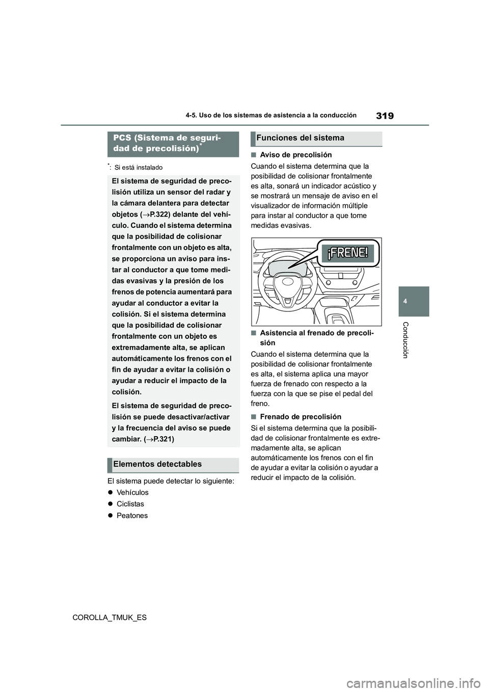 TOYOTA COROLLA HATCHBACK 2019 Manual del propietario (in Spanish) 319
4
COROLLA_TMUK_ES
4-5. Uso de los sistemas de asistencia a la conducción
Conducción
*: Si está instalado
El sistema puede detectar lo siguiente:
Vehículos
Ciclistas
Peatones
■ TOYOTA COROLLA HATCHBACK 2019 Manual del propietario (in Spanish) 319
4
COROLLA_TMUK_ES
4-5. Uso de los sistemas de asistencia a la conducción
Conducción
*: Si está instalado
El sistema puede detectar lo siguiente:
Vehículos
Ciclistas
Peatones
■