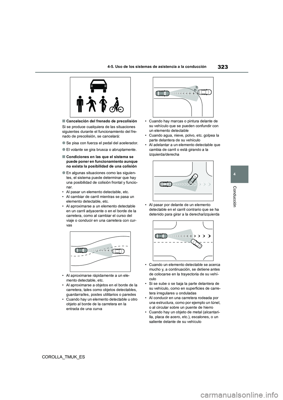 TOYOTA COROLLA HATCHBACK 2019 Manual del propietario (in Spanish) 323
4
COROLLA_TMUK_ES
4-5. Uso de los sistemas de asistencia a la conducción
Conducción
■Cancelación del frenado de precolisión
Si se produce cualquiera de las situaciones siguientes durante e TOYOTA COROLLA HATCHBACK 2019 Manual del propietario (in Spanish) 323
4
COROLLA_TMUK_ES
4-5. Uso de los sistemas de asistencia a la conducción
Conducción
■Cancelación del frenado de precolisión
Si se produce cualquiera de las situaciones siguientes durante e