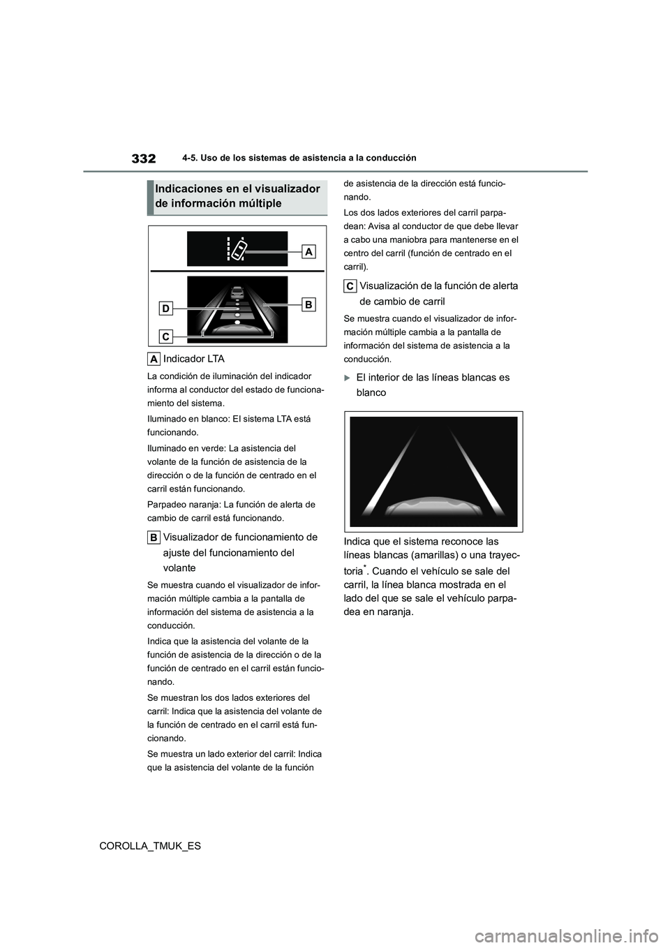 TOYOTA COROLLA HATCHBACK 2019 Manual del propietario (in Spanish) 332
COROLLA_TMUK_ES
4-5. Uso de los sistemas de asistencia a la conducción
Indicador LTA
La condición de iluminación del indicador
informa al conductor del estado de funciona-
miento del sistema. TOYOTA COROLLA HATCHBACK 2019 Manual del propietario (in Spanish) 332
COROLLA_TMUK_ES
4-5. Uso de los sistemas de asistencia a la conducción
Indicador LTA
La condición de iluminación del indicador
informa al conductor del estado de funciona-
miento del sistema.