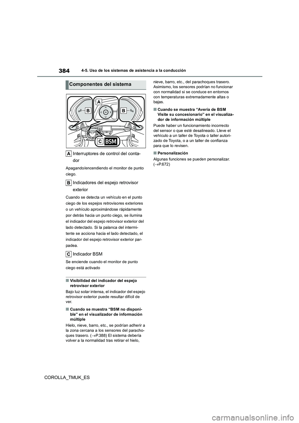 TOYOTA COROLLA HATCHBACK 2019  Manual del propietario (in Spanish) 384
COROLLA_TMUK_ES
4-5. Uso de los sistemas de asistencia a la conducción
Interruptores de control del conta- 
dor
Apagando/encendiendo el monitor de punto  
ciego.
Indicadores del espejo retrovisor