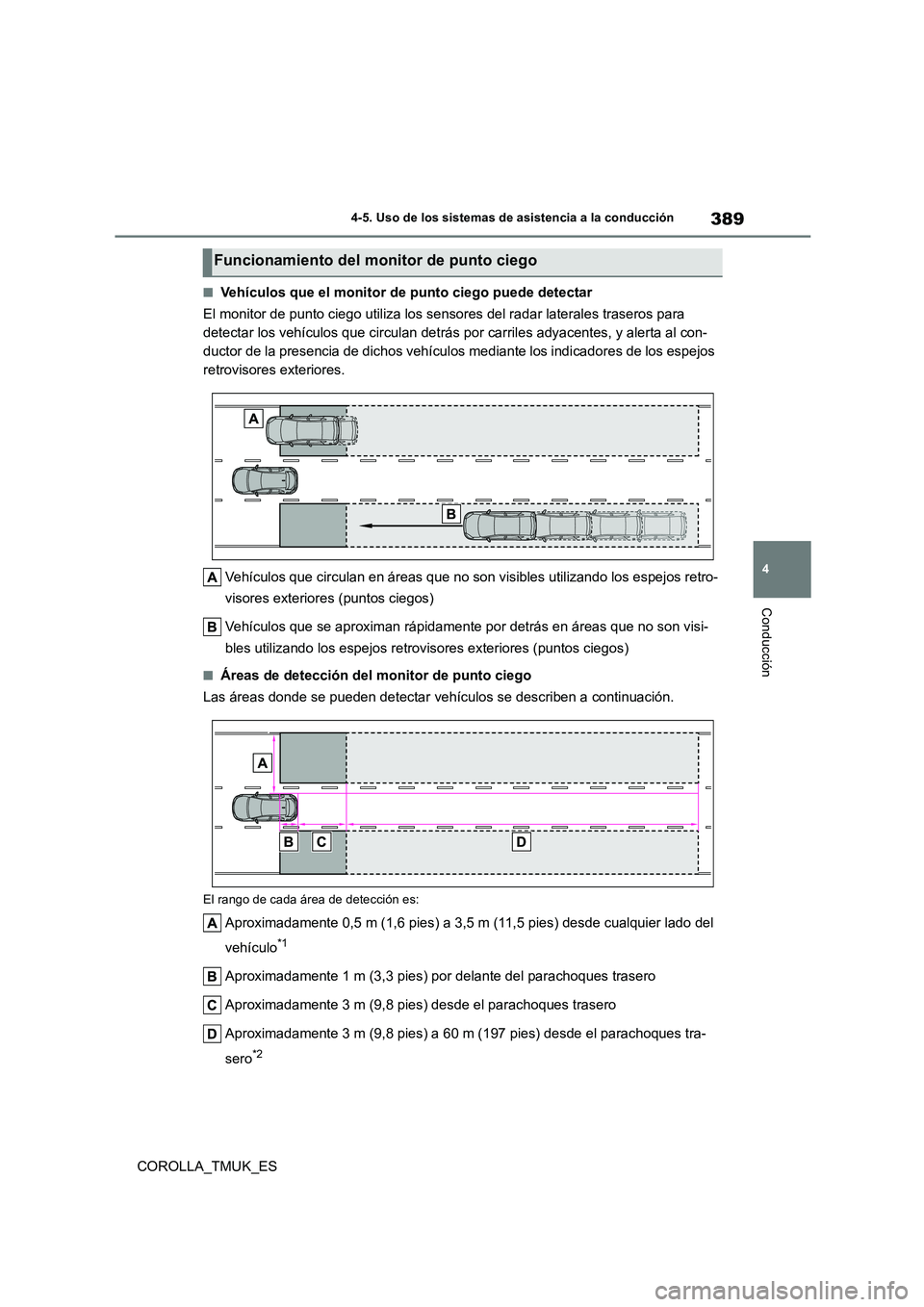 TOYOTA COROLLA HATCHBACK 2019  Manual del propietario (in Spanish) 389
4
COROLLA_TMUK_ES
4-5. Uso de los sistemas de asistencia a la conducción
Conducción
■Vehículos que el monitor de punto ciego puede detectar 
El monitor de punto ciego utiliza los sensores del