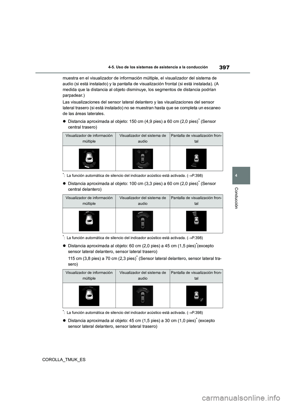 TOYOTA COROLLA HATCHBACK 2019  Manual del propietario (in Spanish) 397
4
COROLLA_TMUK_ES
4-5. Uso de los sistemas de asistencia a la conducción
Conducción
muestra en el visualizador de información múltiple, el visualizador del sistema de  
audio (si está instala