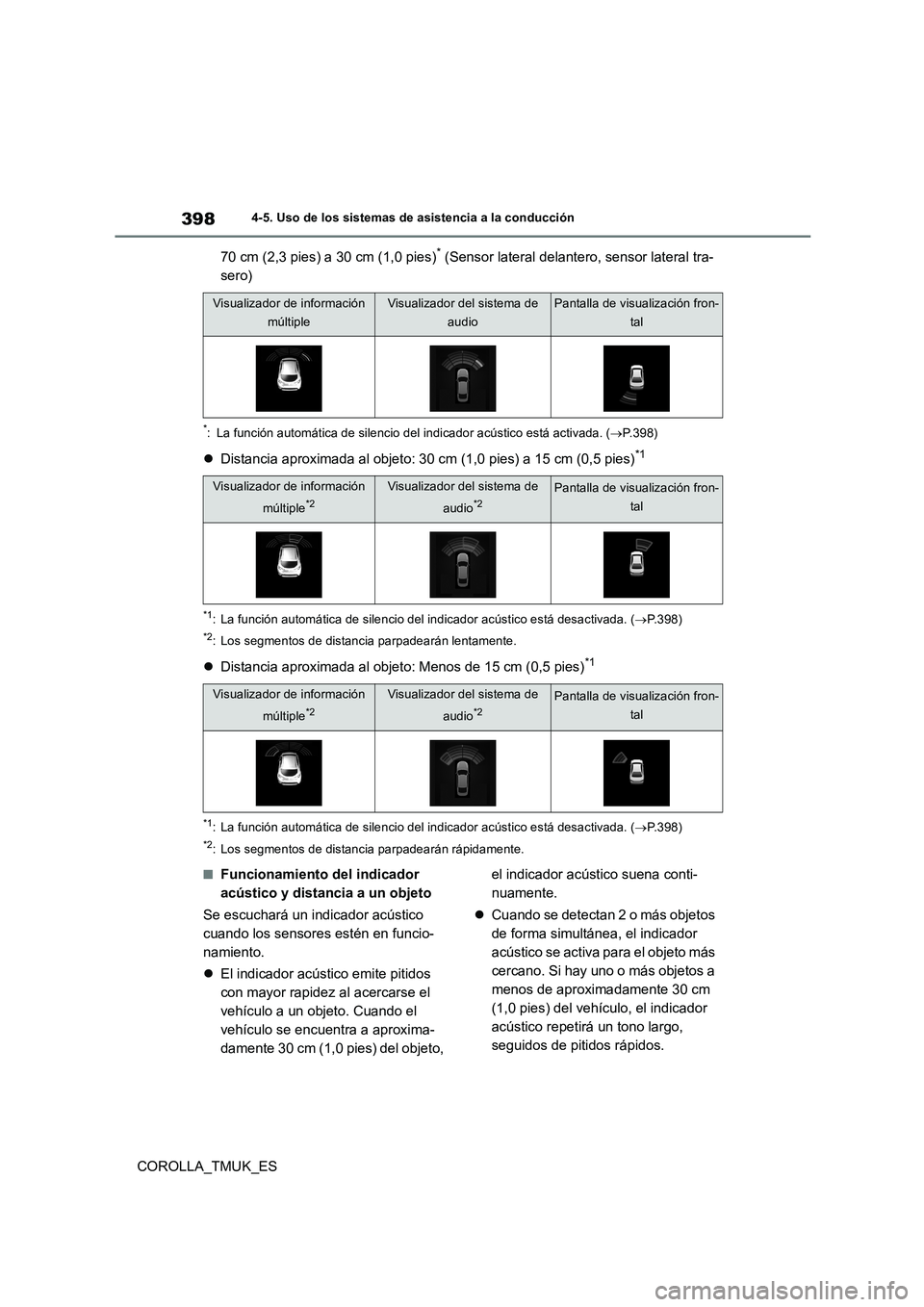 TOYOTA COROLLA HATCHBACK 2019  Manual del propietario (in Spanish) 398
COROLLA_TMUK_ES
4-5. Uso de los sistemas de asistencia a la conducción
70 cm (2,3 pies) a 30 cm (1,0 pies)* (Sensor lateral delantero, sensor lateral tra- 
sero)
*: La función automática de sil