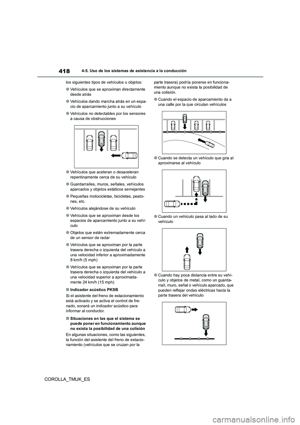 TOYOTA COROLLA HATCHBACK 2019  Manual del propietario (in Spanish) 418
COROLLA_TMUK_ES
4-5. Uso de los sistemas de asistencia a la conducción 
los siguientes tipos de vehículos u objetos:
●Vehículos que se aproximan directamente  
desde atrás
●Vehículos dand