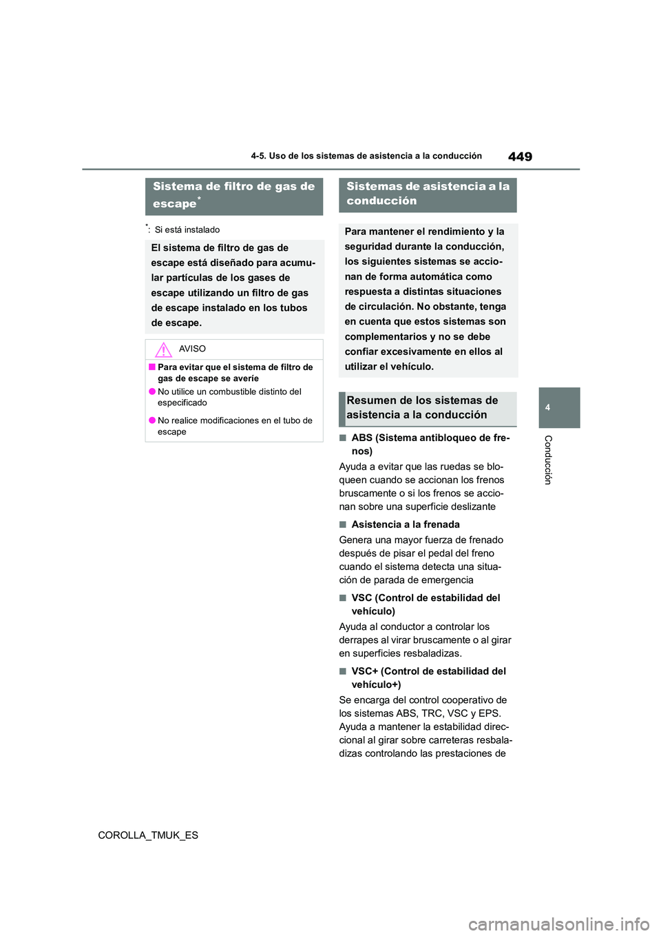 TOYOTA COROLLA HATCHBACK 2019 Manual del propietario (in Spanish) 449
4
COROLLA_TMUK_ES
4-5. Uso de los sistemas de asistencia a la conducción
Conducción
*: Si está instalado
■ABS (Sistema antibloqueo de fre-
nos)
Ayuda a evitar que las ruedas se blo-
queen TOYOTA COROLLA HATCHBACK 2019 Manual del propietario (in Spanish) 449
4
COROLLA_TMUK_ES
4-5. Uso de los sistemas de asistencia a la conducción
Conducción
*: Si está instalado
■ABS (Sistema antibloqueo de fre-
nos)
Ayuda a evitar que las ruedas se blo-
queen