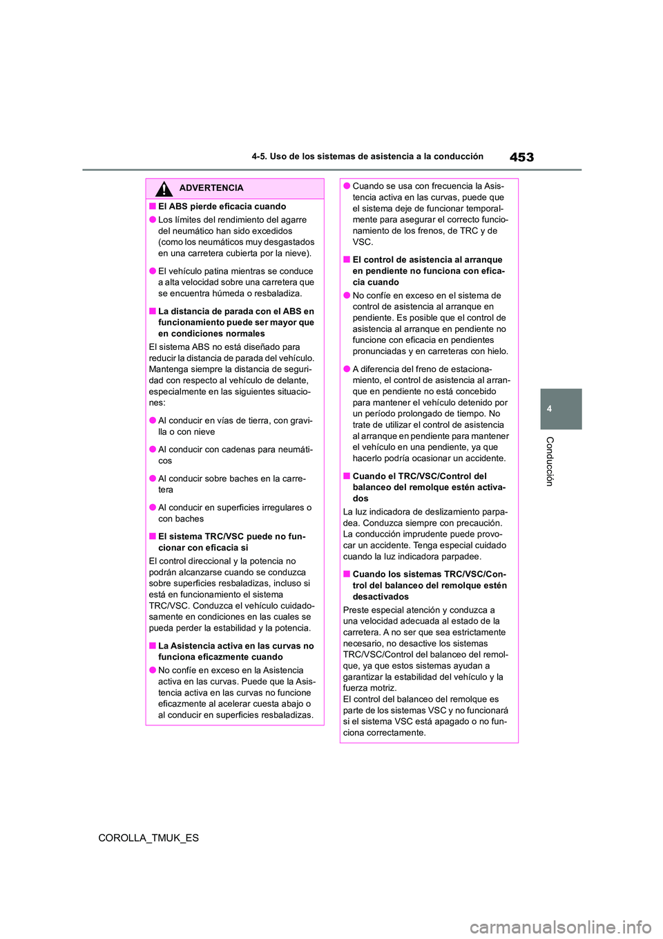TOYOTA COROLLA HATCHBACK 2019 Manual del propietario (in Spanish) 453
4
COROLLA_TMUK_ES
4-5. Uso de los sistemas de asistencia a la conducción
Conducción
ADVERTENCIA
■El ABS pierde eficacia cuando
●Los límites del rendimiento del agarre
del neumático han s TOYOTA COROLLA HATCHBACK 2019 Manual del propietario (in Spanish) 453
4
COROLLA_TMUK_ES
4-5. Uso de los sistemas de asistencia a la conducción
Conducción
ADVERTENCIA
■El ABS pierde eficacia cuando
●Los límites del rendimiento del agarre
del neumático han s