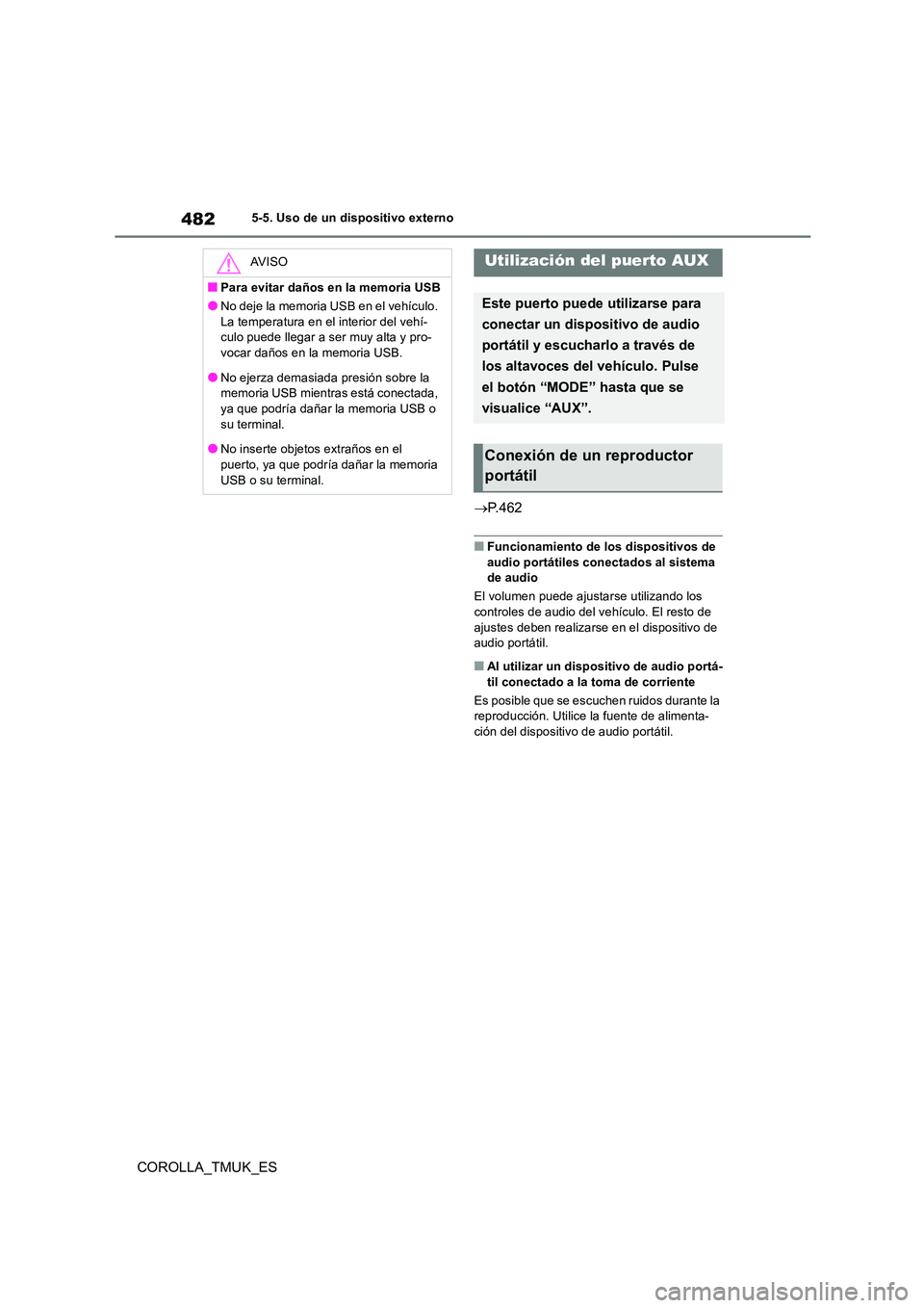 TOYOTA COROLLA HATCHBACK 2019  Manual del propietario (in Spanish) 482
COROLLA_TMUK_ES
5-5. Uso de un dispositivo externo
 P. 4 6 2
■Funcionamiento de los dispositivos de  audio portátiles conectados al sistema de audio 
El volumen puede ajustarse utilizando lo