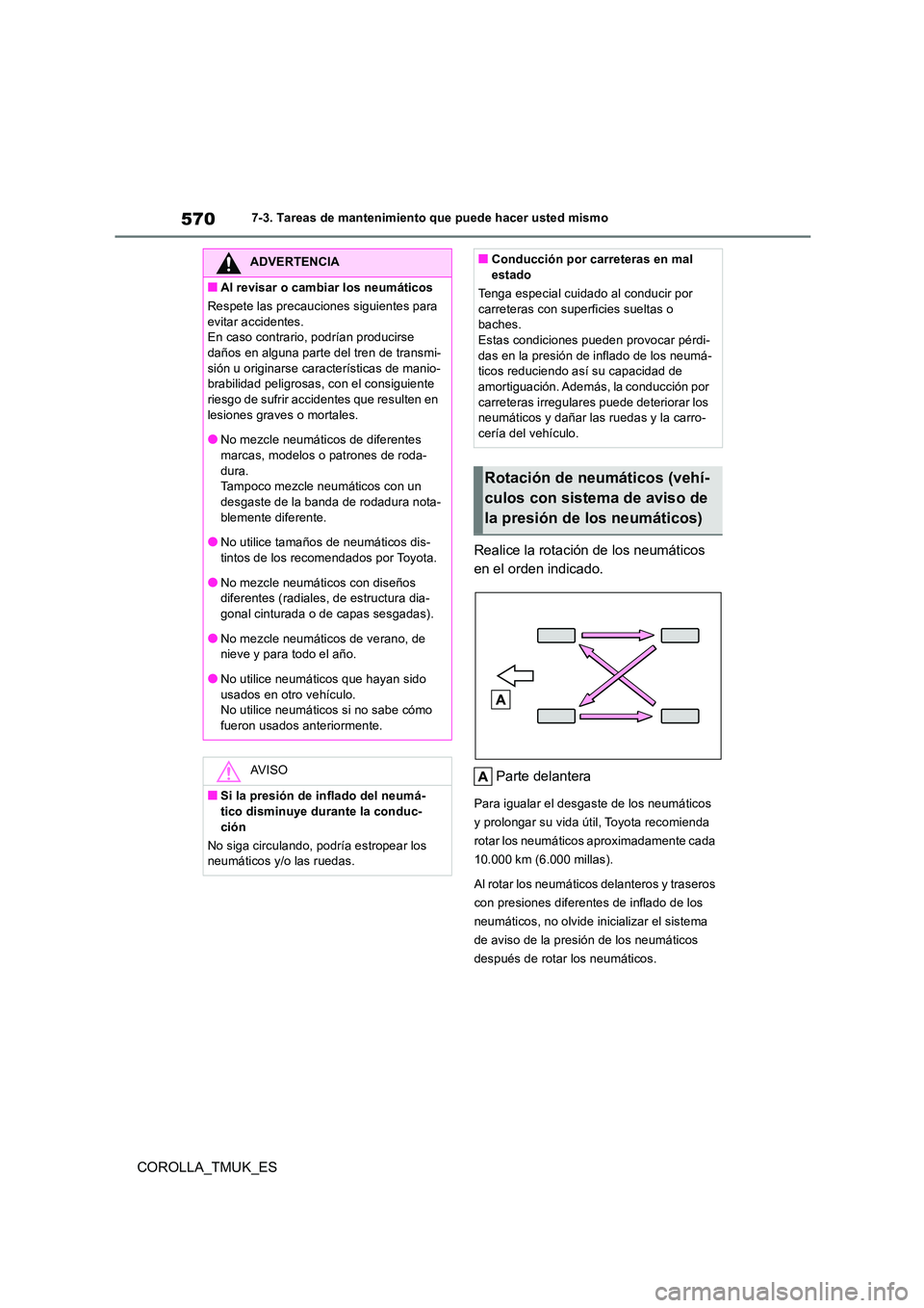 TOYOTA COROLLA HATCHBACK 2019 Manual del propietario (in Spanish) 570
COROLLA_TMUK_ES
7-3. Tareas de mantenimiento que puede hacer usted mismo
Realice la rotación de los neumáticos
en el orden indicado.
Parte delantera
Para igualar el desgaste de los neumático TOYOTA COROLLA HATCHBACK 2019 Manual del propietario (in Spanish) 570
COROLLA_TMUK_ES
7-3. Tareas de mantenimiento que puede hacer usted mismo
Realice la rotación de los neumáticos
en el orden indicado.
Parte delantera
Para igualar el desgaste de los neumático