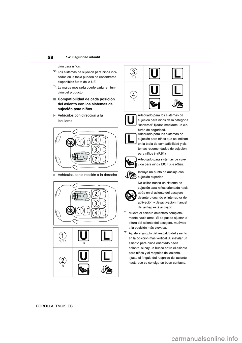 TOYOTA COROLLA HATCHBACK 2019  Manual del propietario (in Spanish) 58
COROLLA_TMUK_ES
1-2. Seguridad infantil 
ción para niños.
*2: Los sistemas de sujeción para niños indi- 
cados en la tabla pueden no encontrarse 
disponibles fuera de la UE.
*3: La marca mostra