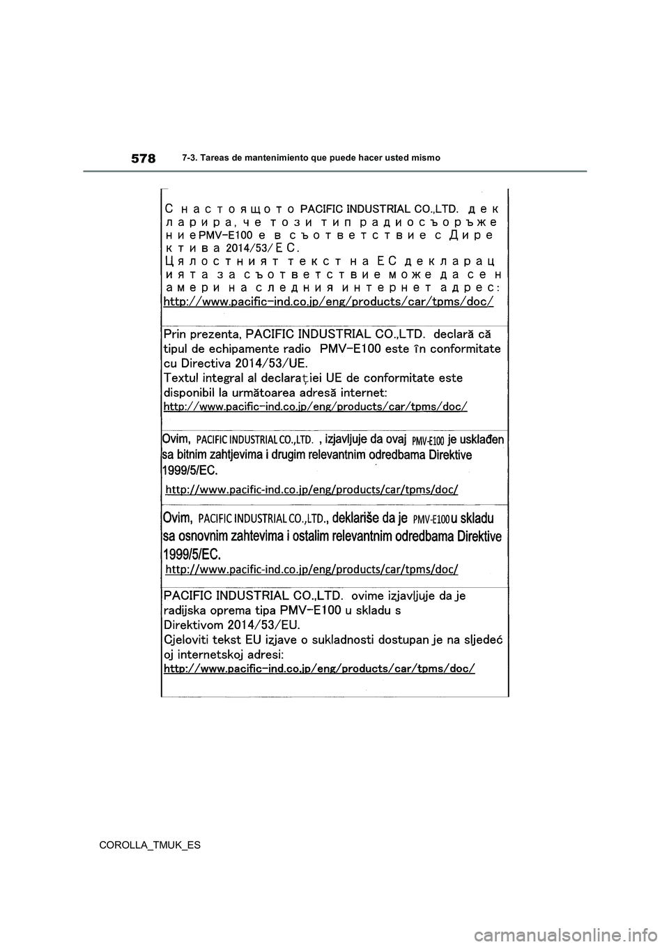 TOYOTA COROLLA HATCHBACK 2019 Manual del propietario (in Spanish) 578
COROLLA_TMUK_ES
7-3. Tareas de mantenimiento que puede hacer usted mismo TOYOTA COROLLA HATCHBACK 2019 Manual del propietario (in Spanish) 578
COROLLA_TMUK_ES
7-3. Tareas de mantenimiento que puede hacer usted mismo