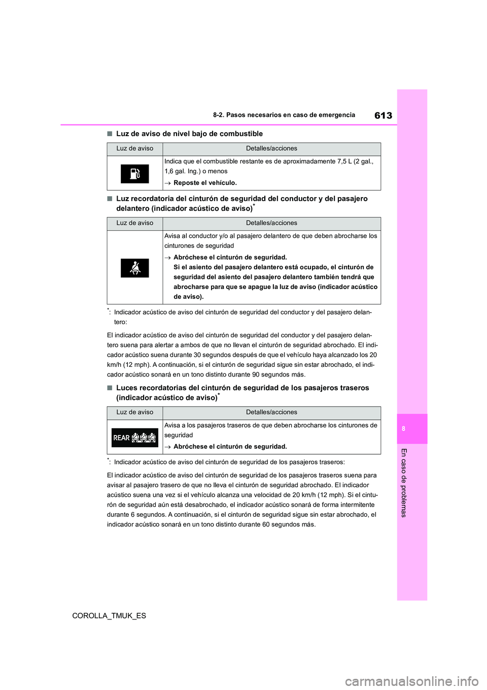 TOYOTA COROLLA HATCHBACK 2019 Manual del propietario (in Spanish) 613
8
COROLLA_TMUK_ES
8-2. Pasos necesarios en caso de emergencia
En caso de problemas
■Luz de aviso de nivel bajo de combustible
■Luz recordatoria del cinturón de seguridad del conductor y del p TOYOTA COROLLA HATCHBACK 2019 Manual del propietario (in Spanish) 613
8
COROLLA_TMUK_ES
8-2. Pasos necesarios en caso de emergencia
En caso de problemas
■Luz de aviso de nivel bajo de combustible
■Luz recordatoria del cinturón de seguridad del conductor y del p