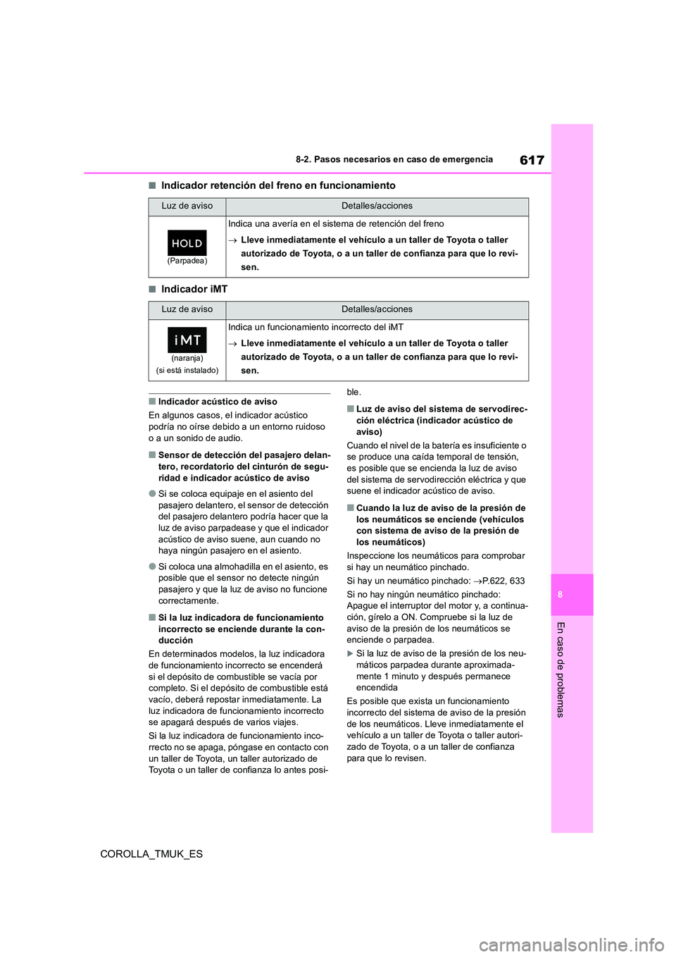 TOYOTA COROLLA HATCHBACK 2019 Manual del propietario (in Spanish) 617
8
COROLLA_TMUK_ES
8-2. Pasos necesarios en caso de emergencia
En caso de problemas
■Indicador retención del freno en funcionamiento
■Indicador iMT
■Indicador acústico de aviso
En algunos TOYOTA COROLLA HATCHBACK 2019 Manual del propietario (in Spanish) 617
8
COROLLA_TMUK_ES
8-2. Pasos necesarios en caso de emergencia
En caso de problemas
■Indicador retención del freno en funcionamiento
■Indicador iMT
■Indicador acústico de aviso
En algunos
