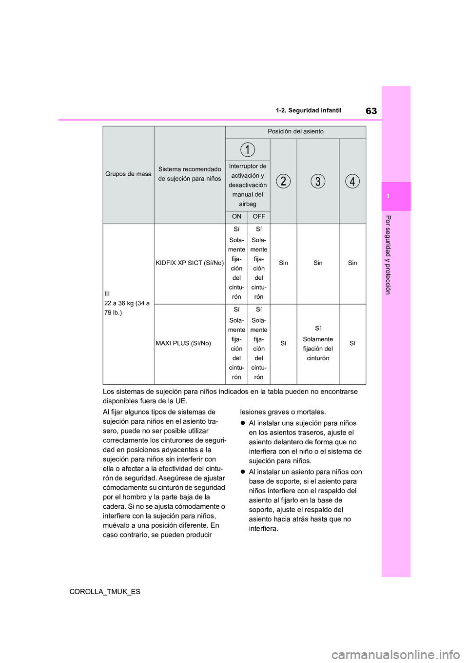 TOYOTA COROLLA HATCHBACK 2019 Manual del propietario (in Spanish) 63
1
COROLLA_TMUK_ES
1-2. Seguridad infantil
Por seguridad y protección
Los sistemas de sujeción para niños indicados en la tabla pueden no encontrarse
disponibles fuera de la UE.
Al fijar algun TOYOTA COROLLA HATCHBACK 2019 Manual del propietario (in Spanish) 63
1
COROLLA_TMUK_ES
1-2. Seguridad infantil
Por seguridad y protección
Los sistemas de sujeción para niños indicados en la tabla pueden no encontrarse
disponibles fuera de la UE.
Al fijar algun