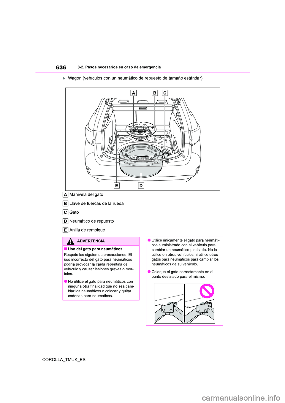 TOYOTA COROLLA HATCHBACK 2019 Manual del propietario (in Spanish) 636
COROLLA_TMUK_ES
8-2. Pasos necesarios en caso de emergencia
Wagon (vehículos con un neumático de repuesto de tamaño estándar)
Manivela del gato
Llave de tuercas de la rueda
Gato
Neumáti TOYOTA COROLLA HATCHBACK 2019 Manual del propietario (in Spanish) 636
COROLLA_TMUK_ES
8-2. Pasos necesarios en caso de emergencia
Wagon (vehículos con un neumático de repuesto de tamaño estándar)
Manivela del gato
Llave de tuercas de la rueda
Gato
Neumáti