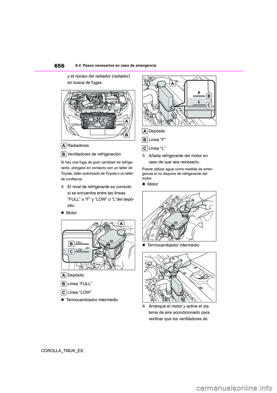 TOYOTA COROLLA HATCHBACK 2019 Manual del propietario (in Spanish) 656
COROLLA_TMUK_ES
8-2. Pasos necesarios en caso de emergencia
y el núcleo del radiador (radiador)
en busca de fugas.
Radiadores
Ventiladores de refrigeración
Si hay una fuga de gran cantidad d TOYOTA COROLLA HATCHBACK 2019 Manual del propietario (in Spanish) 656
COROLLA_TMUK_ES
8-2. Pasos necesarios en caso de emergencia
y el núcleo del radiador (radiador)
en busca de fugas.
Radiadores
Ventiladores de refrigeración
Si hay una fuga de gran cantidad d