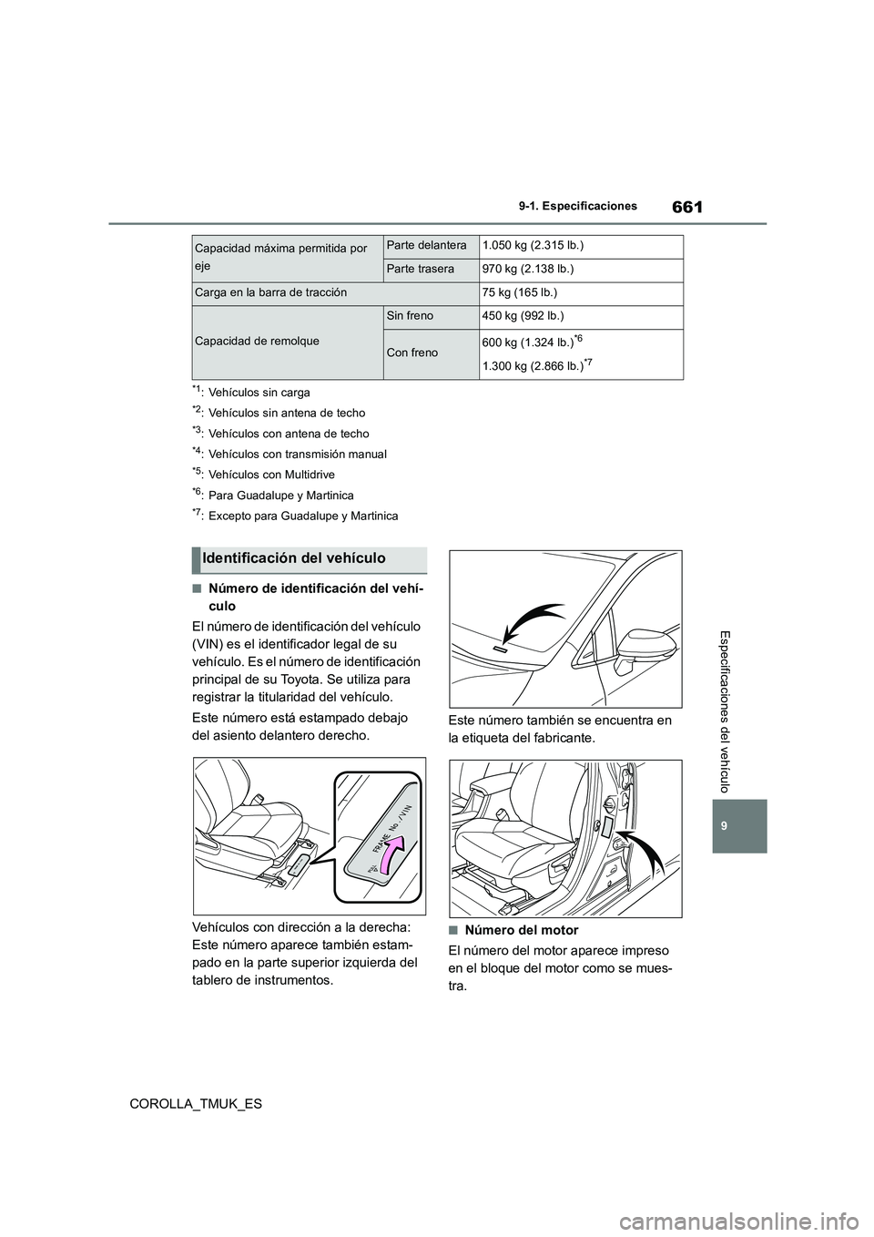 TOYOTA COROLLA HATCHBACK 2019 Manual del propietario (in Spanish) 661
9
COROLLA_TMUK_ES
9-1. Especificaciones
Especificaciones del vehículo
*1: Vehículos sin carga
*2: Vehículos sin antena de techo
*3: Vehículos con antena de techo
*4: Vehículos con transmisió TOYOTA COROLLA HATCHBACK 2019 Manual del propietario (in Spanish) 661
9
COROLLA_TMUK_ES
9-1. Especificaciones
Especificaciones del vehículo
*1: Vehículos sin carga
*2: Vehículos sin antena de techo
*3: Vehículos con antena de techo
*4: Vehículos con transmisió