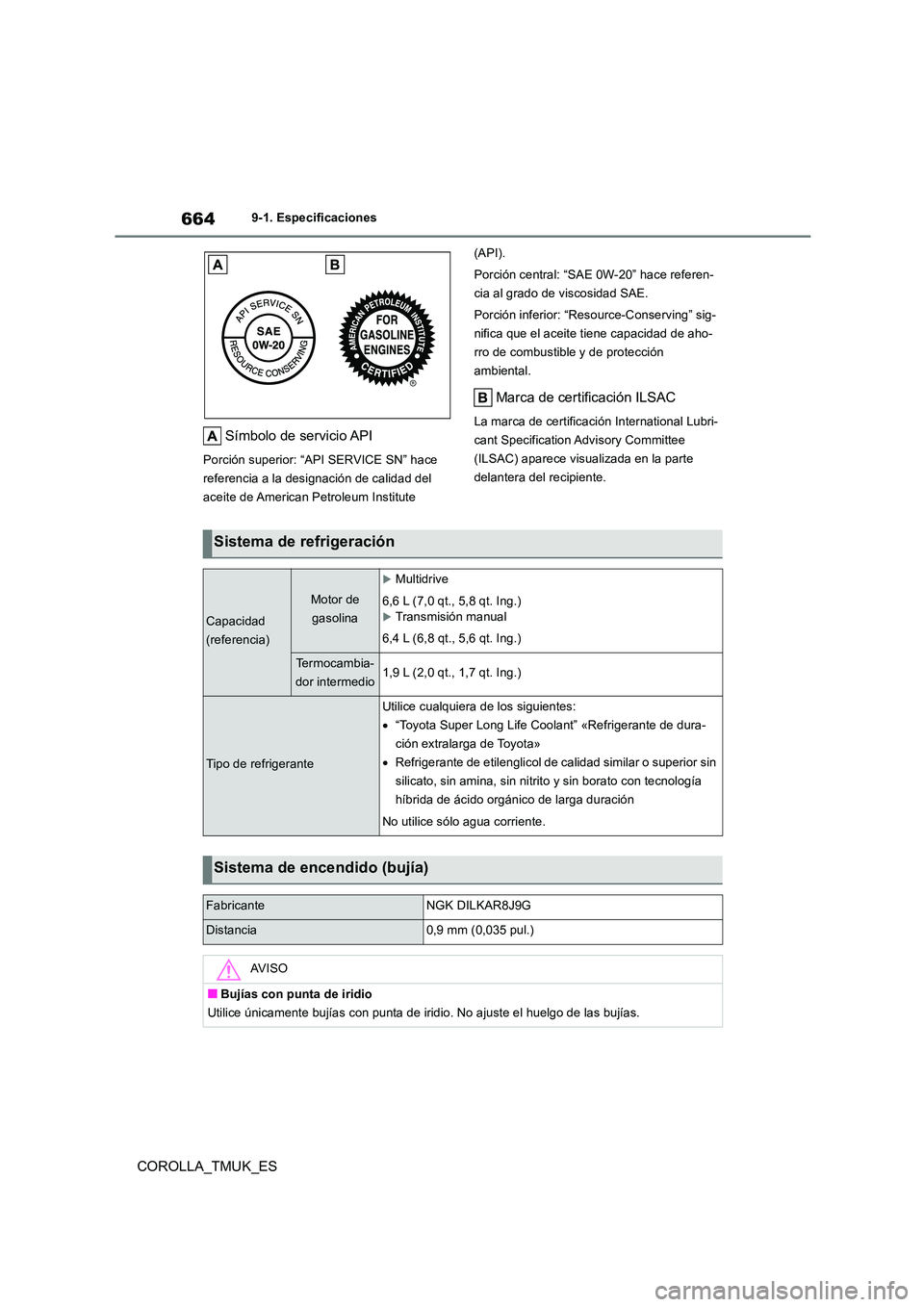 TOYOTA COROLLA HATCHBACK 2019 Manual del propietario (in Spanish) 664
COROLLA_TMUK_ES
9-1. Especificaciones
Símbolo de servicio API
Porción superior: “API SERVICE SN” hace
referencia a la designación de calidad del
aceite de American Petroleum Institute
TOYOTA COROLLA HATCHBACK 2019 Manual del propietario (in Spanish) 664
COROLLA_TMUK_ES
9-1. Especificaciones
Símbolo de servicio API
Porción superior: “API SERVICE SN” hace
referencia a la designación de calidad del
aceite de American Petroleum Institute