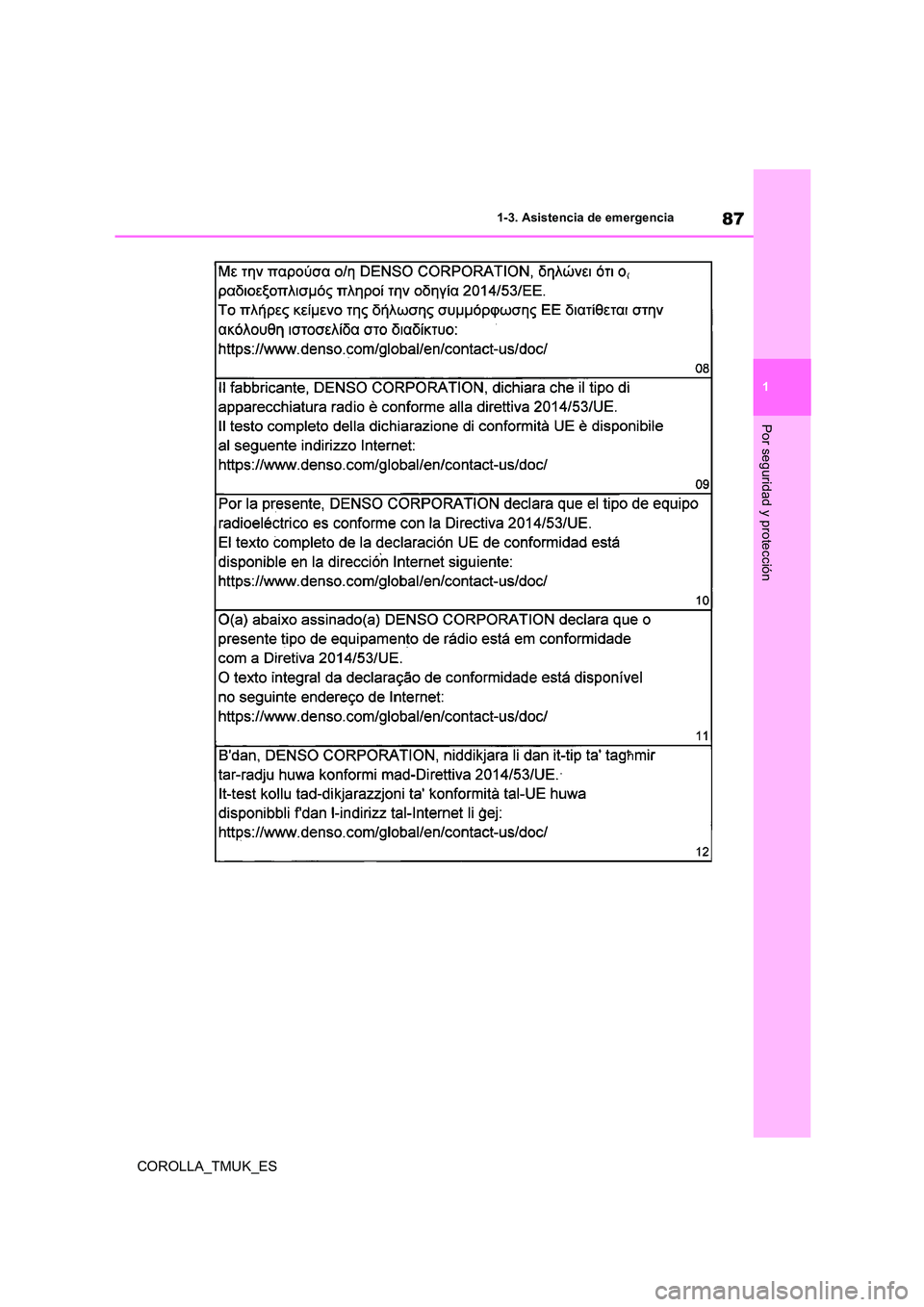 TOYOTA COROLLA HATCHBACK 2019 Manual del propietario (in Spanish) 87
1
COROLLA_TMUK_ES
1-3. Asistencia de emergencia
Por seguridad y protección TOYOTA COROLLA HATCHBACK 2019 Manual del propietario (in Spanish) 87
1
COROLLA_TMUK_ES
1-3. Asistencia de emergencia
Por seguridad y protección