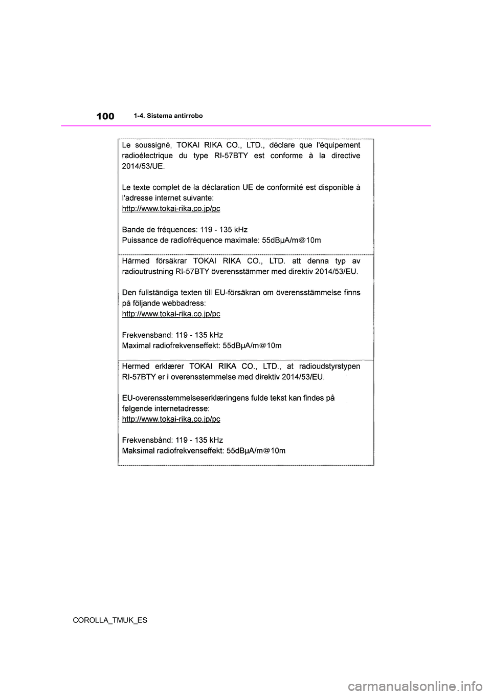 TOYOTA COROLLA HATCHBACK 2019 Manual del propietario (in Spanish) 100
COROLLA_TMUK_ES
1-4. Sistema antirrobo TOYOTA COROLLA HATCHBACK 2019 Manual del propietario (in Spanish) 100
COROLLA_TMUK_ES
1-4. Sistema antirrobo