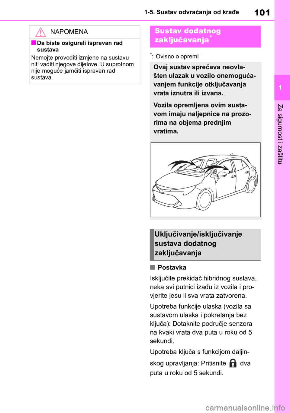 TOYOTA COROLLA HATCHBACK 2019 Upute Za Rukovanje (in Croatian) 101
1 1-5. Sustav odvraćanja od krađe
Za sigurnost i zaštitu
*: Ovisno o opremi
■Postavka
Isključite prekidač hibridnog sustava,
neka svi putnici izađu iz vozila i pro-
vjerite jesu li sva vr TOYOTA COROLLA HATCHBACK 2019 Upute Za Rukovanje (in Croatian) 101
1 1-5. Sustav odvraćanja od krađe
Za sigurnost i zaštitu
*: Ovisno o opremi
■Postavka
Isključite prekidač hibridnog sustava,
neka svi putnici izađu iz vozila i pro-
vjerite jesu li sva vr