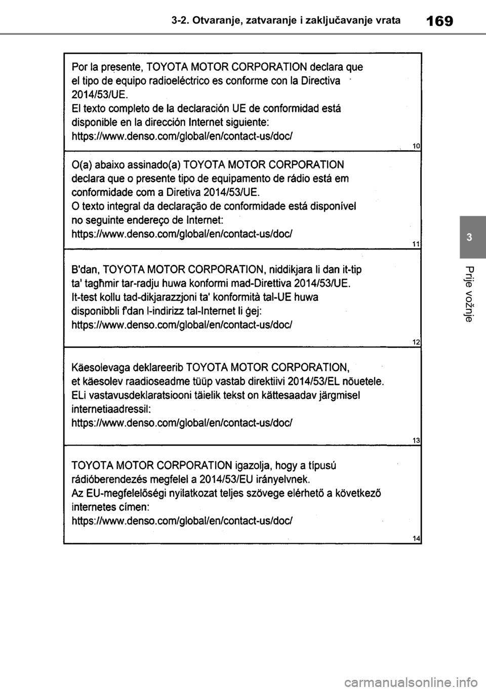 TOYOTA COROLLA HATCHBACK 2019 Upute Za Rukovanje (in Croatian) 169
3 3-2. Otvaranje, zatvaranje i zaključavanje vrata
Prije vožnje TOYOTA COROLLA HATCHBACK 2019 Upute Za Rukovanje (in Croatian) 169
3 3-2. Otvaranje, zatvaranje i zaključavanje vrata
Prije vožnje