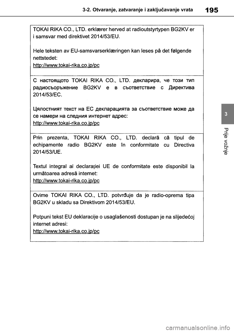 TOYOTA COROLLA HATCHBACK 2019  Upute Za Rukovanje (in Croatian) 195
3 3-2. Otvaranje, zatvaranje i zaključavanje vrata
Prije vožnje 