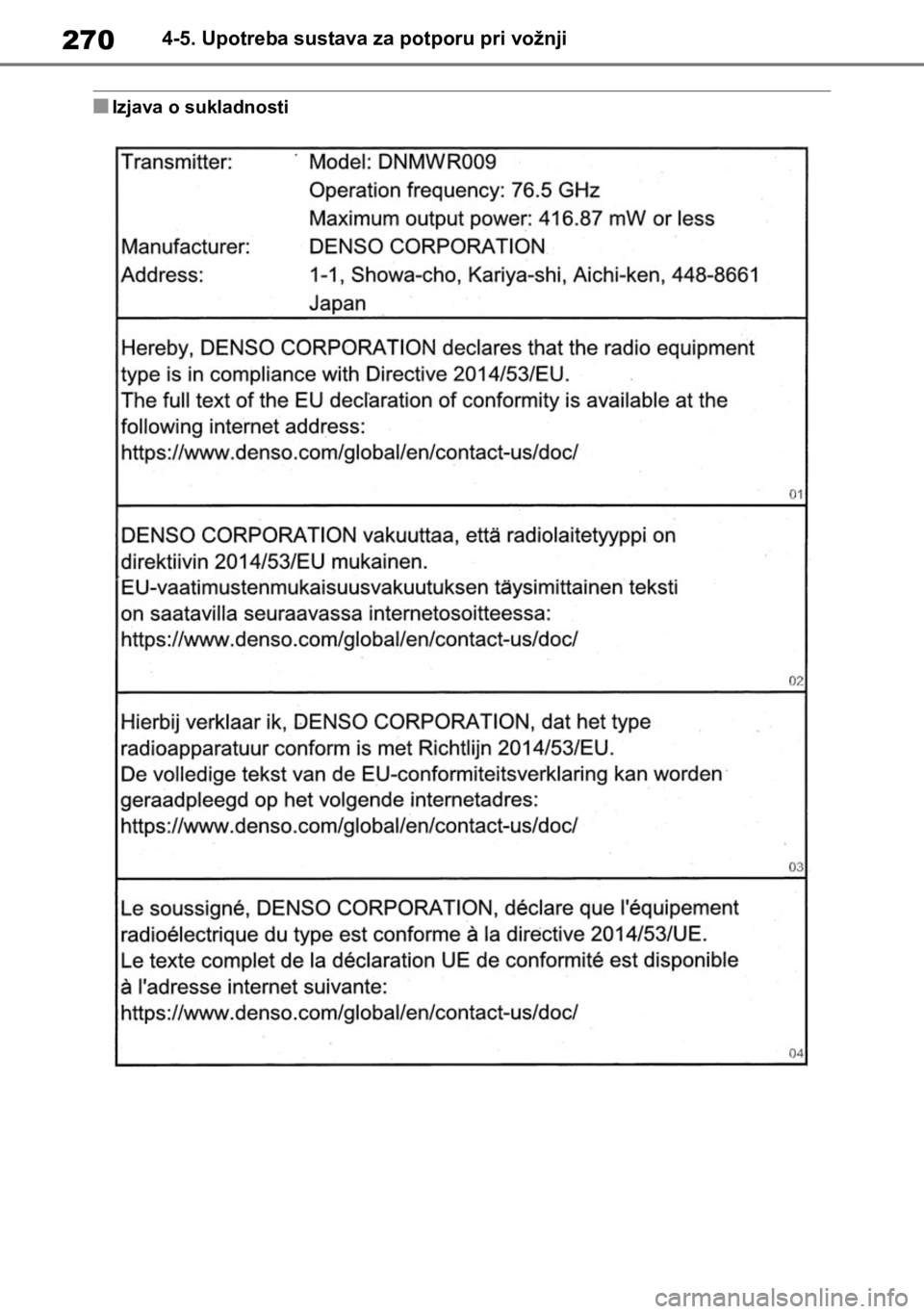 TOYOTA COROLLA HATCHBACK 2019 Upute Za Rukovanje (in Croatian) 2704-5. Upotreba sustava za potporu pri vožnji
■Izjava o sukladnosti TOYOTA COROLLA HATCHBACK 2019 Upute Za Rukovanje (in Croatian) 2704-5. Upotreba sustava za potporu pri vožnji
■Izjava o sukladnosti