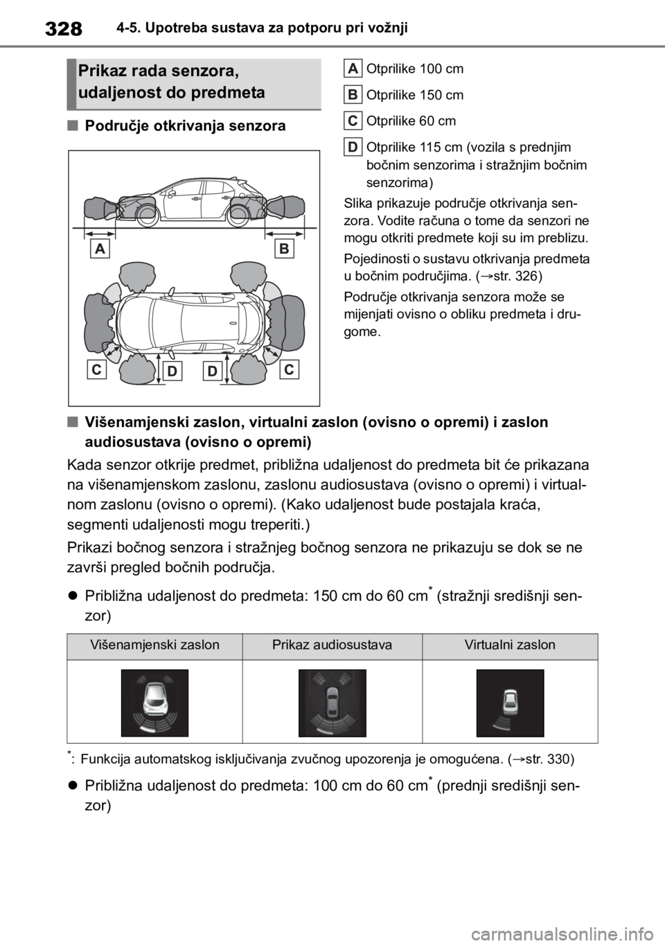 TOYOTA COROLLA HATCHBACK 2019 Upute Za Rukovanje (in Croatian) 3284-5. Upotreba sustava za potporu pri vožnji
■Područje otkrivanja senzora
Otprilike 100 cm
Otprilike 150 cm
Otprilike 60 cm
Otprilike 115 cm (vozila s prednjim
bočnim senzorima i stražnjim bo TOYOTA COROLLA HATCHBACK 2019 Upute Za Rukovanje (in Croatian) 3284-5. Upotreba sustava za potporu pri vožnji
■Područje otkrivanja senzora
Otprilike 100 cm
Otprilike 150 cm
Otprilike 60 cm
Otprilike 115 cm (vozila s prednjim
bočnim senzorima i stražnjim bo