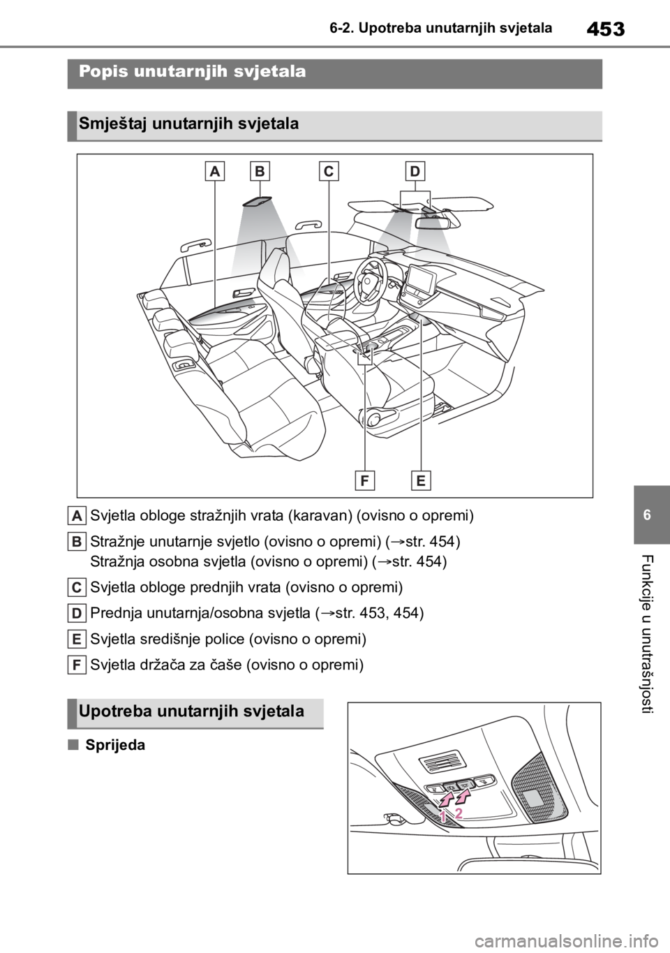 TOYOTA COROLLA HATCHBACK 2019 Upute Za Rukovanje (in Croatian) 453
6 6-2. Upotreba unutarnjih svjetala
Funkcije u unutrašnjosti
6-2.Upotreba unutarnjih svjetala
Svjetla obloge stražnjih vrata (karavan) (ovisno o opremi)
Stražnje unutarnje svjetlo (ovisno o opr TOYOTA COROLLA HATCHBACK 2019 Upute Za Rukovanje (in Croatian) 453
6 6-2. Upotreba unutarnjih svjetala
Funkcije u unutrašnjosti
6-2.Upotreba unutarnjih svjetala
Svjetla obloge stražnjih vrata (karavan) (ovisno o opremi)
Stražnje unutarnje svjetlo (ovisno o opr